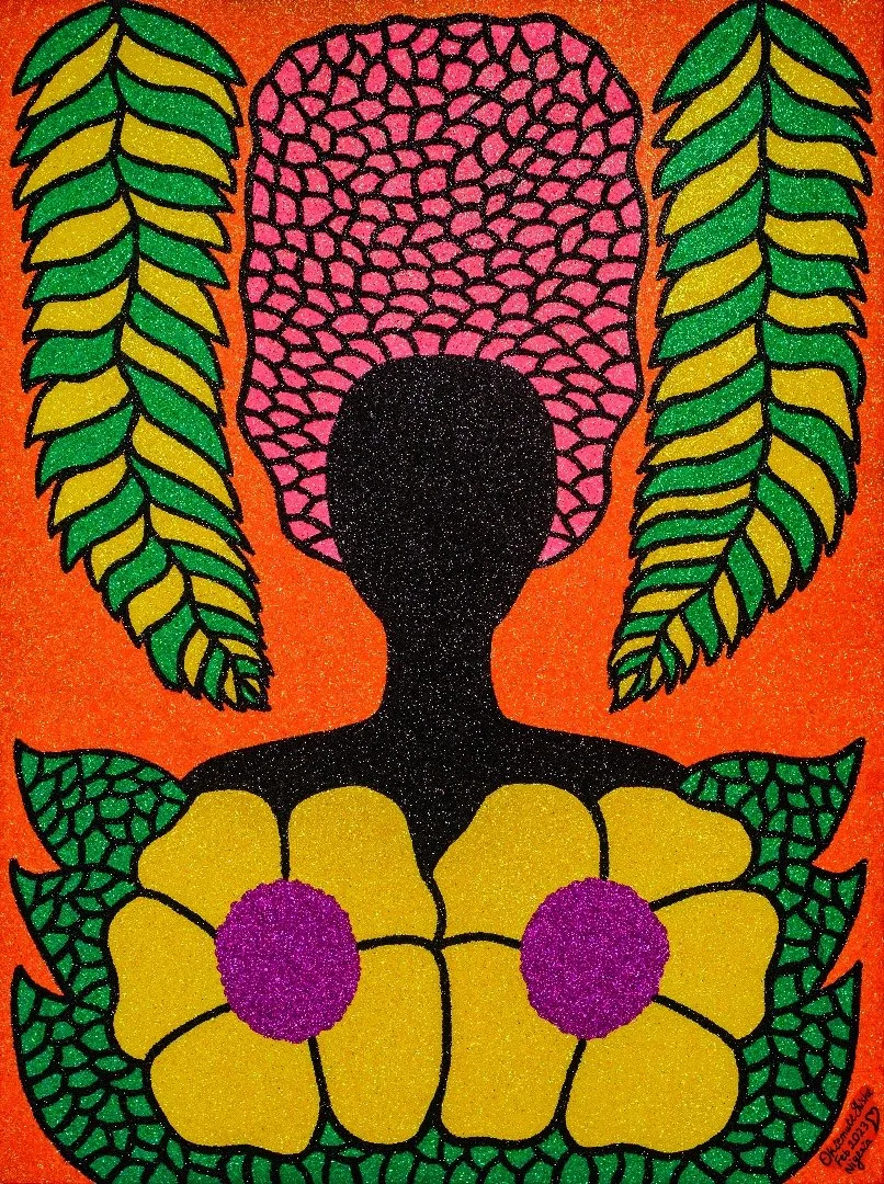 Garden Beauty, 2023. 
Acrylic and glitter on canvas. 
36 x 48 in (91.4 x 121.92 cm). 
Blooming Beauty Series.