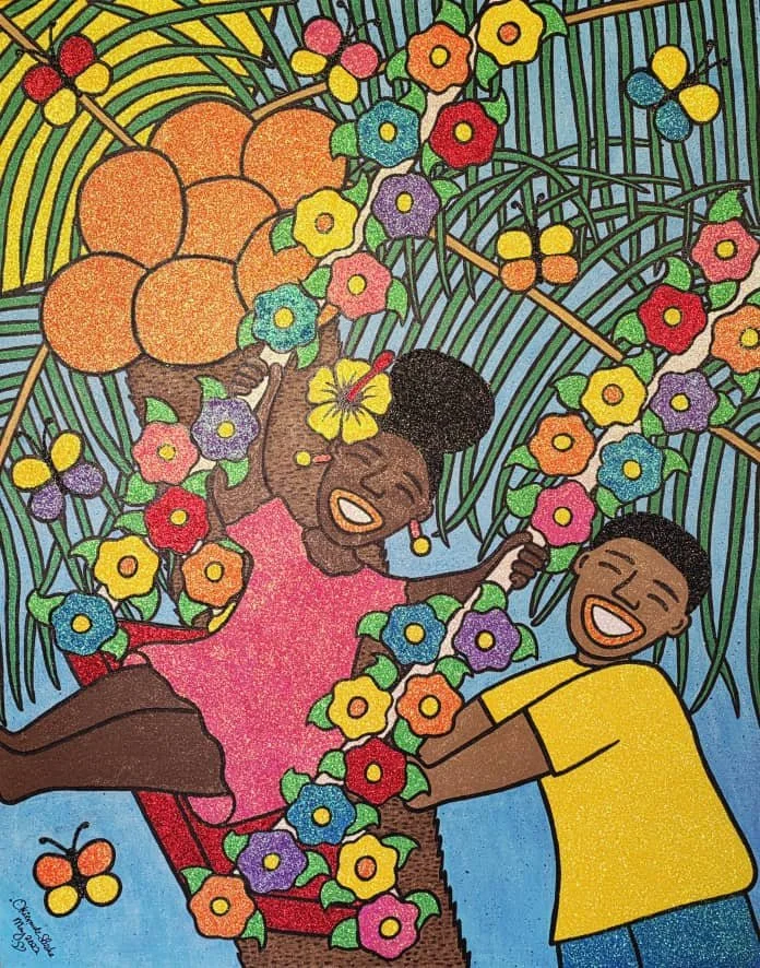 Love under the Coconut Tree, 2022. 
Acrylic and glitter on canvas. 
36 x 48 in (91.4 x 121.92 cm).
Family Series.