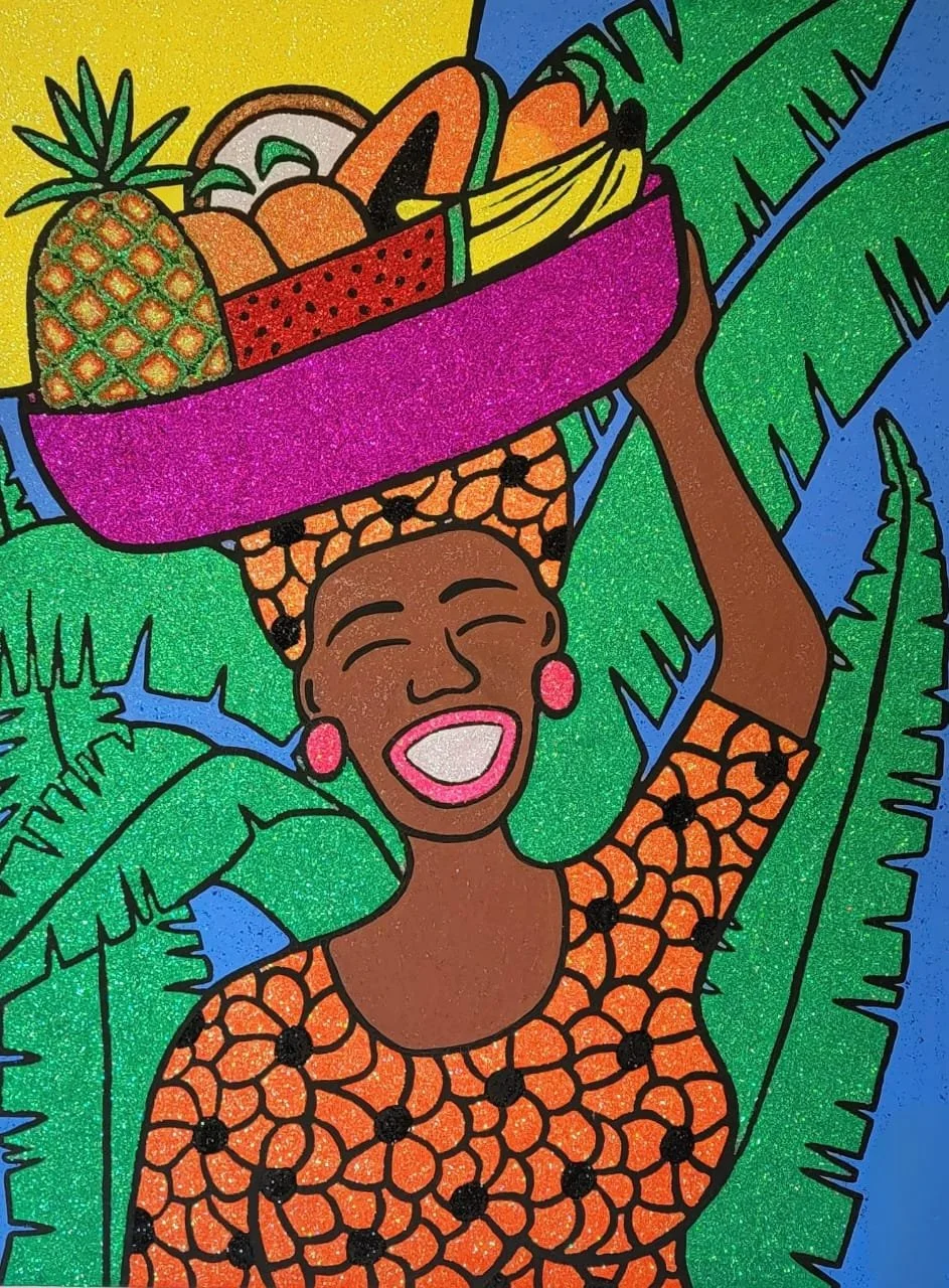 Carrying Today Quietly, 2023.
Acrylic and glitter on canvas.
36 x 48 in. 
This work bears marks from its journey.
This work carries marks from its journey that are part of its story. 
This work is available by offer.