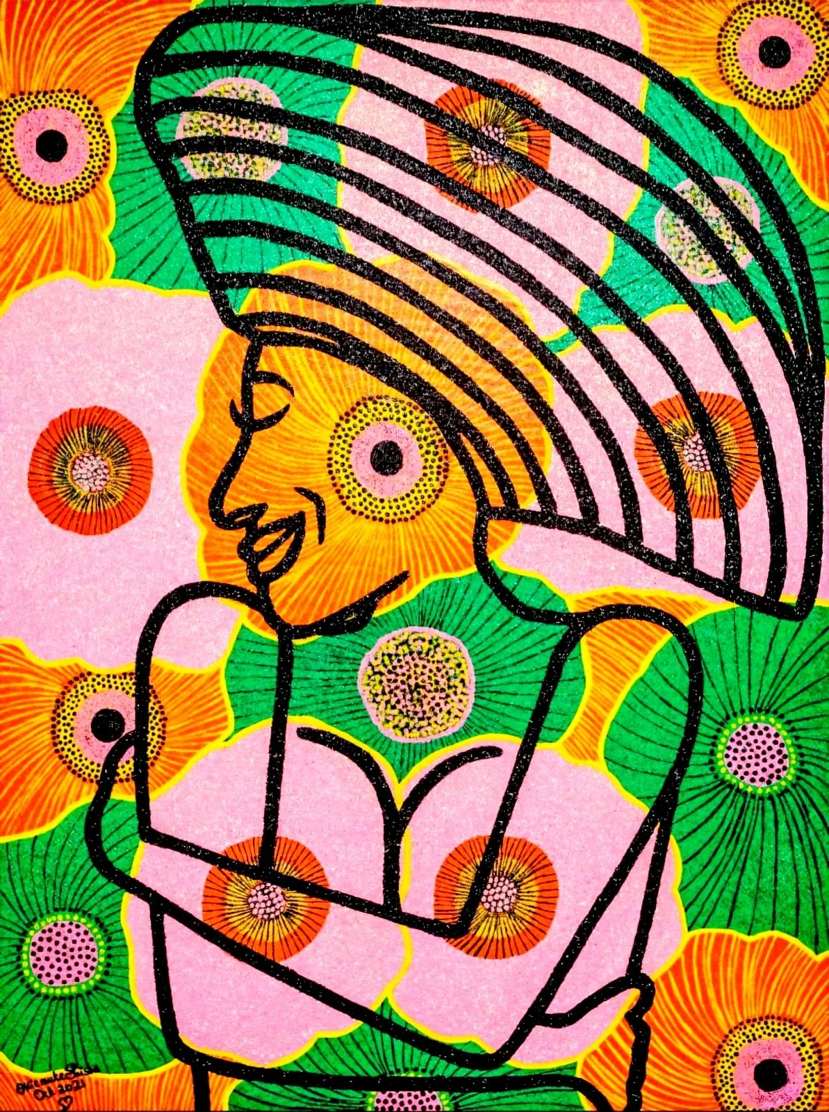 Self-Love I, 2021. 
Acrylic and glitter on canvas. 
36 x 48 in (91.4 x 121.92 cm). 
Blooming Beauty Series.