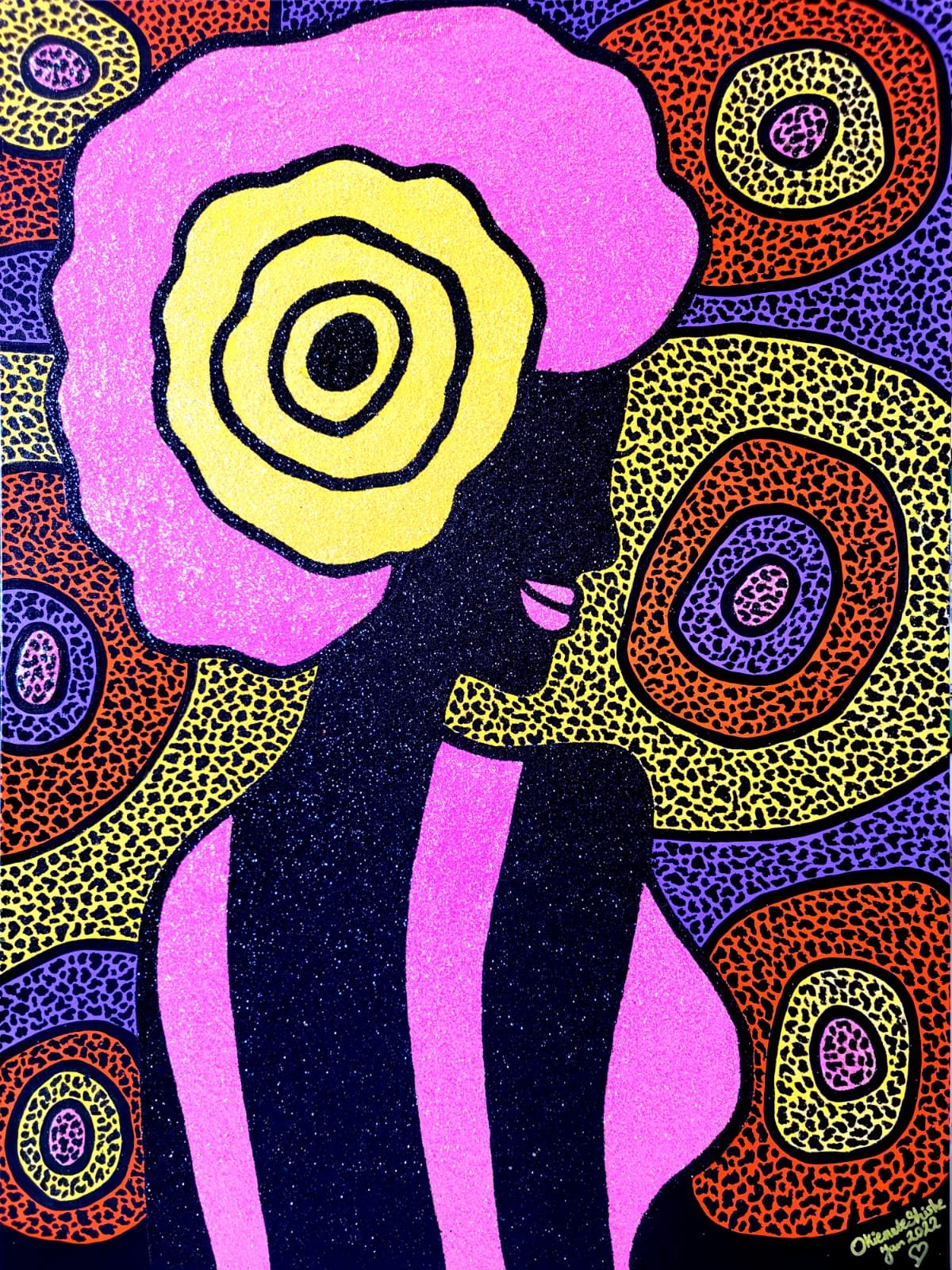 Black Beauty, 2022. 
Acrylic and glitter on canvas. 
36 x 48 in (91.4 x 121.92 cm). 
Blooming Beauty Series.