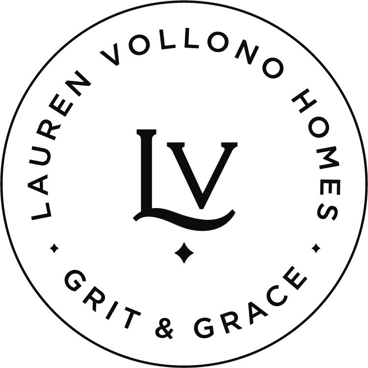 Logo for Lauren Vollono Homes with the initials LV, and the words "Grit & Grace" at the bottom, arranged in a circular design.