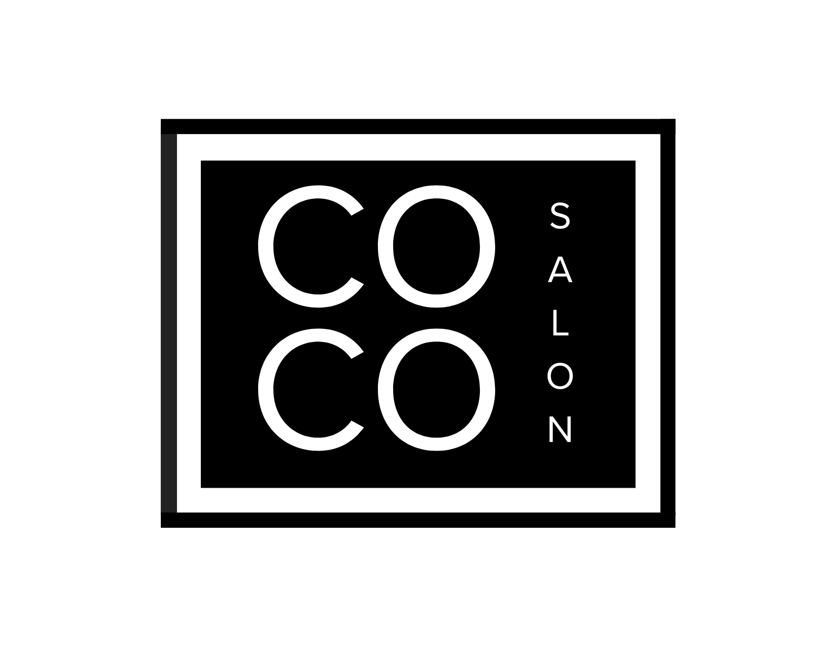 Logo for CoCo Saloon featuring the word 'COCO' in large white letters inside a black square with a white border, and the word 'SALON' vertically aligned on the right side.