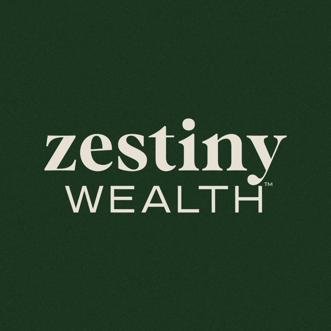 Zestiny Wealth logo with white text on a dark green background.