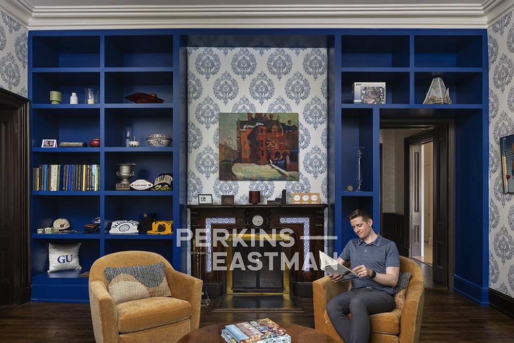 Gallaudet Univ - House One_Photo Int Lounge Blue Room w People_Photograph by Andrew Rugge - Copyright Perkins Eastman.jpg