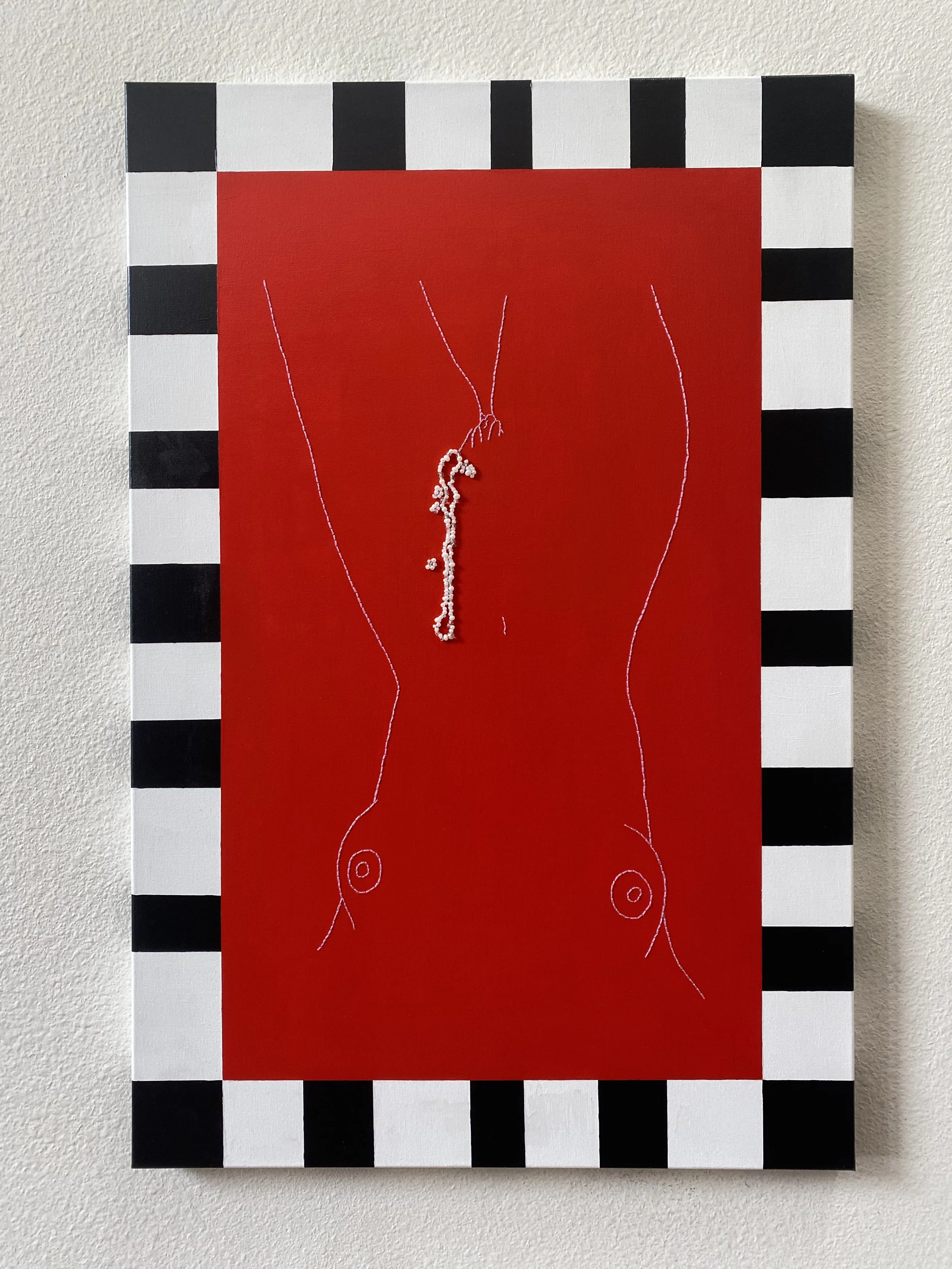 ALL THE WAY 2025 acrylic and embroidery on canvas 24” x 36”