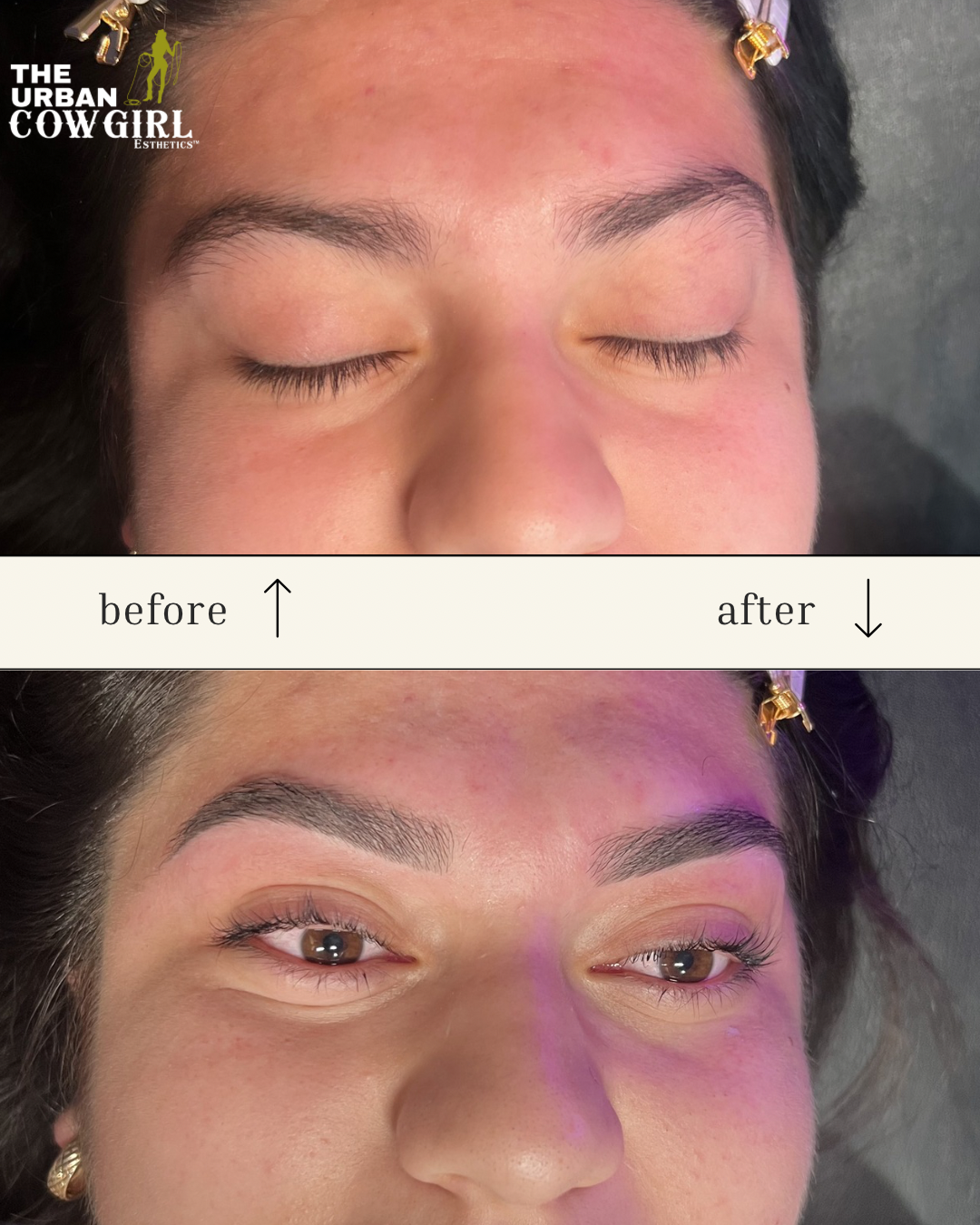 Comparison photo showing the before and after results of eyebrow microblading on a woman's face. The top image shows her with natural, unenhanced eyebrows and closed eyes, while the bottom image shows her with freshly microbladed, defined eyebrows an