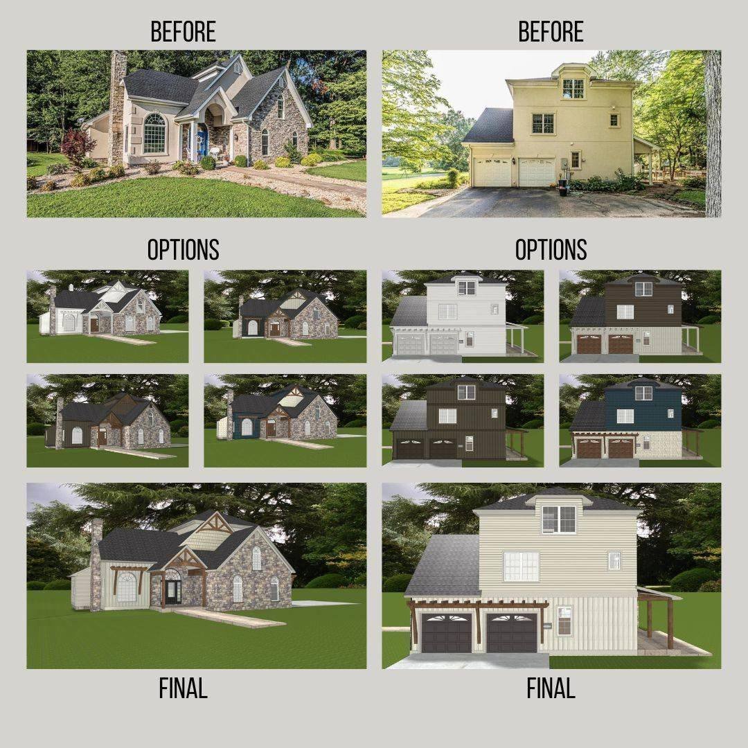 What We've Been Working on...

Take a look at these exterior renderings we just finished up. HO wanted to change up the exterior of their home, but did not REALLY know what they wanted. We were able to give them TONS of different options and help the