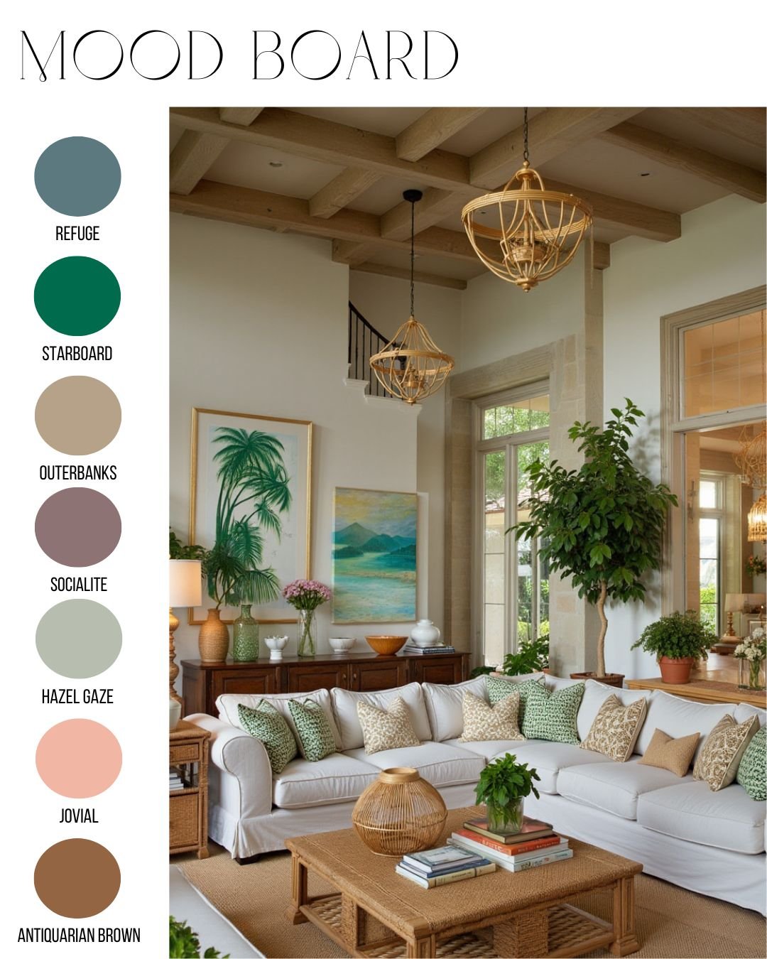 Step into serenity with this relaxed yet refined palette &mdash; where coastal calm meets earthy elegance. Perfect for spaces that embrace natural textures, soft greens, and sun-washed neutrals 

 Color Palette (Sherwin-Williams):

Refuge SW 6228 &nd