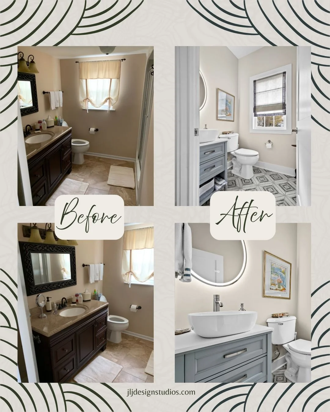 Bathroom Glow-Up: Before &amp; After! 

What a transformation! This bathroom went from dark and dated to fresh, bright, and modern with just a few smart updates:

🔹 New vanity in a soft gray with sleek hardware adds storage &amp; style.
🔹 Vessel si