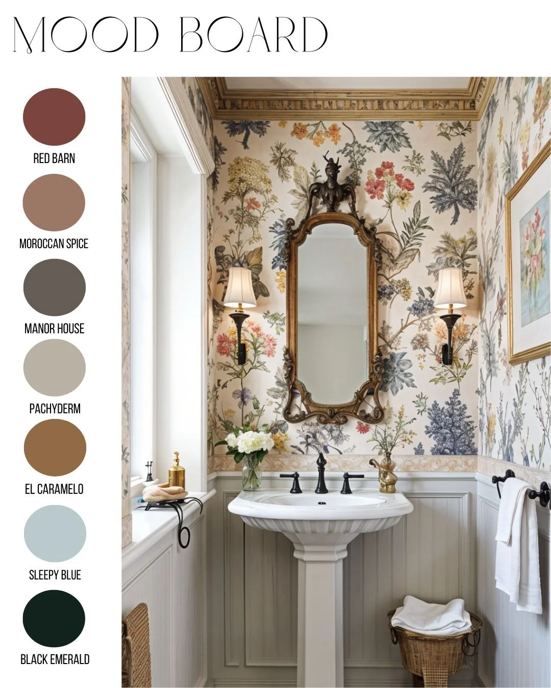 MOOD BOARD MAGIC 
Step into timeless charm with our latest bathroom design inspiration! 
This look blends vintage elegance with nature-inspired beauty&mdash;featuring soft florals, antique brass touches, and a warm yet calming palette.

Color Story:

