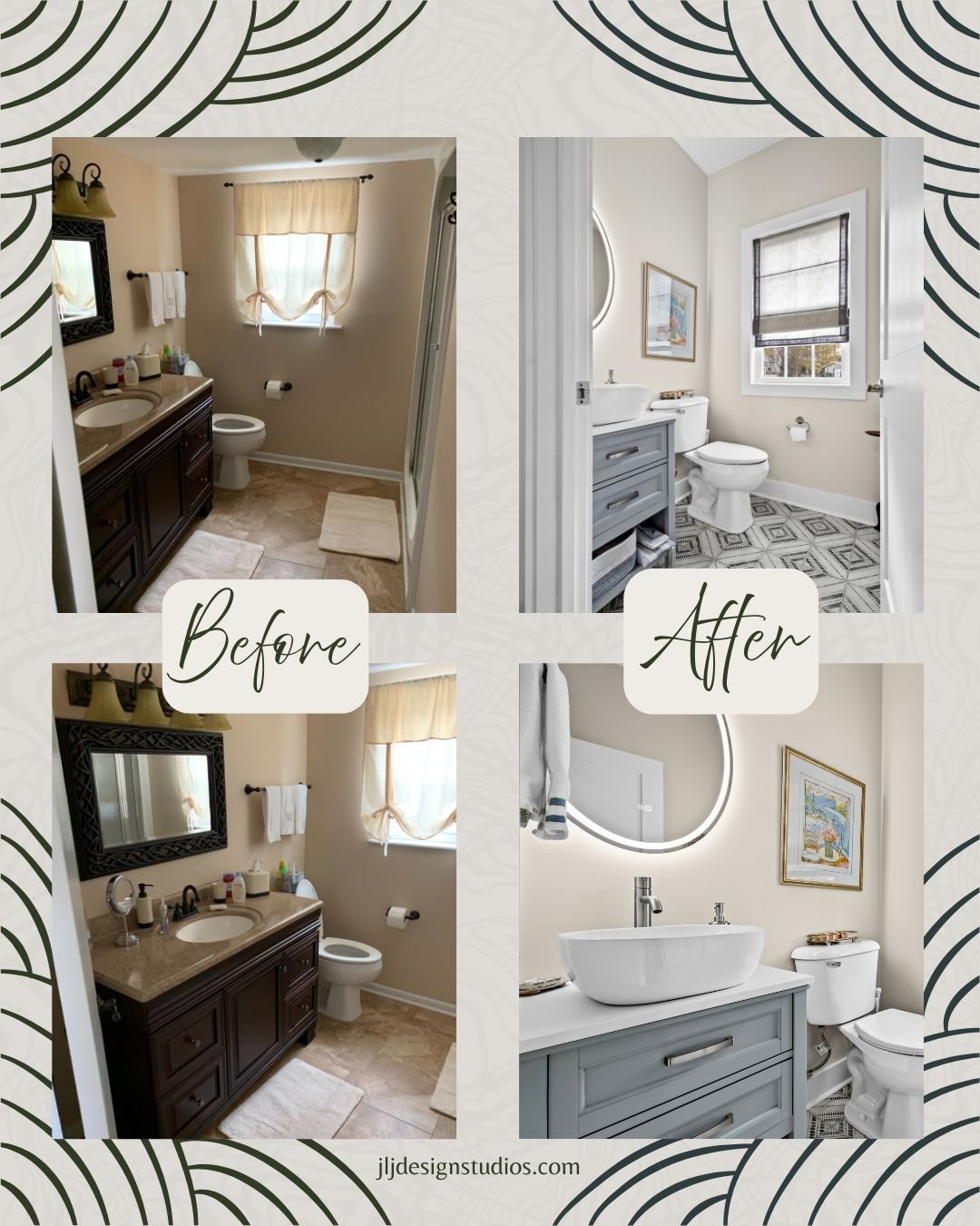 Bathroom Glow-Up: Before &amp; After! 

What a transformation! This bathroom went from dark and dated to fresh, bright, and modern with just a few smart updates:

🔹 New vanity in a soft gray with sleek hardware adds storage &amp; style.
🔹 Vessel si