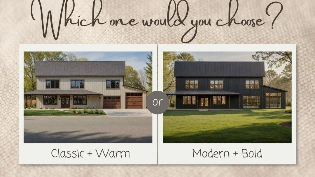 Barndo Style Showdown 
We&rsquo;re torn between two gorgeous barndominium looks&hellip; and we need YOUR help to decide!

Option 1: Light + Natural
Bright siding with warm wood accents for a cozy, timeless feel.

 Option 2: Bold + Modern
Sleek black 