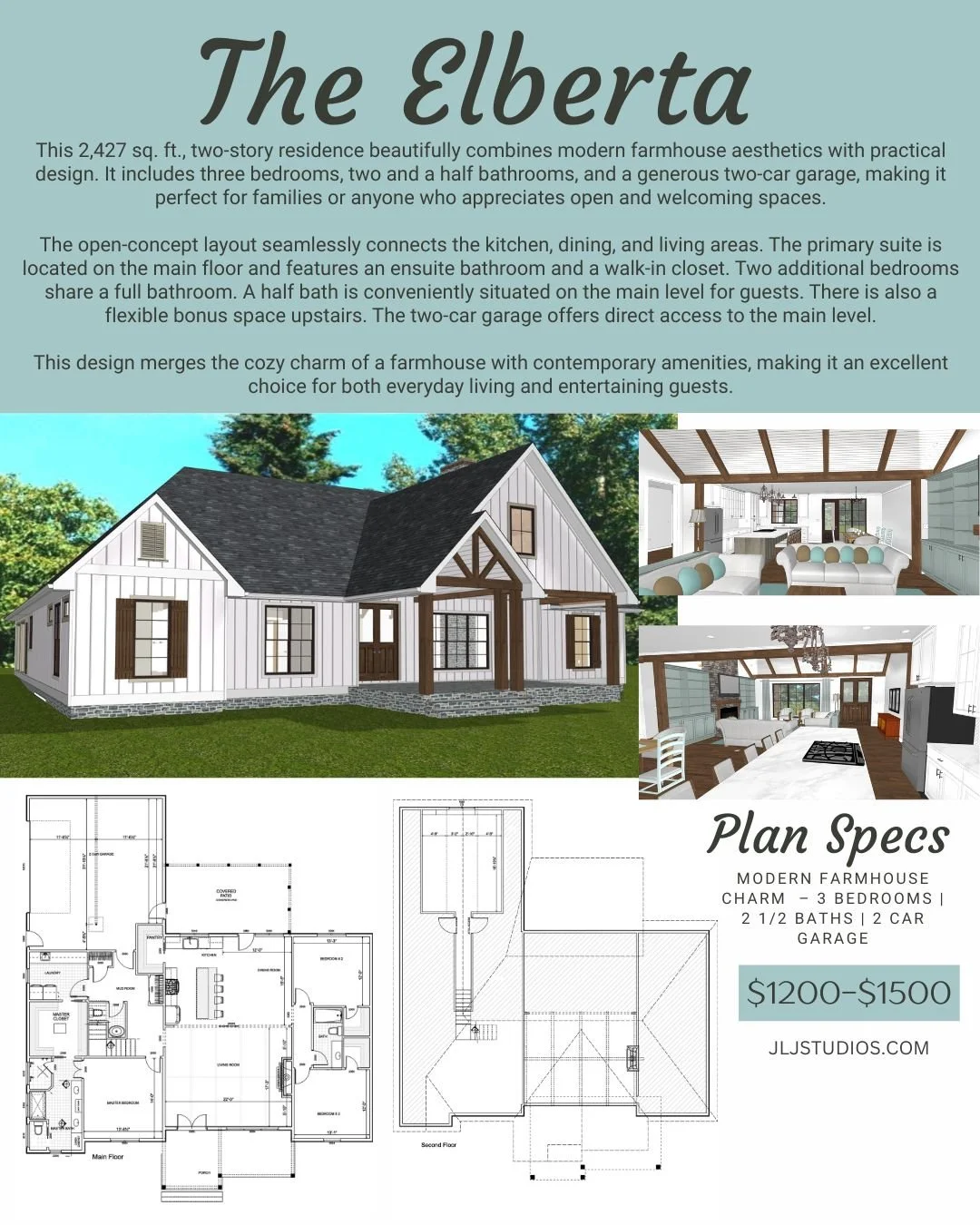 Meet The Elberta &ndash; Your Dream Modern Farmhouse! 

This 2,427 sq. ft., 2-story home blends cozy farmhouse charm with modern design for the perfect family-friendly layout!

Features You'll Love:
3 bedrooms + 2 &frac12; bathrooms
Spacious open-con