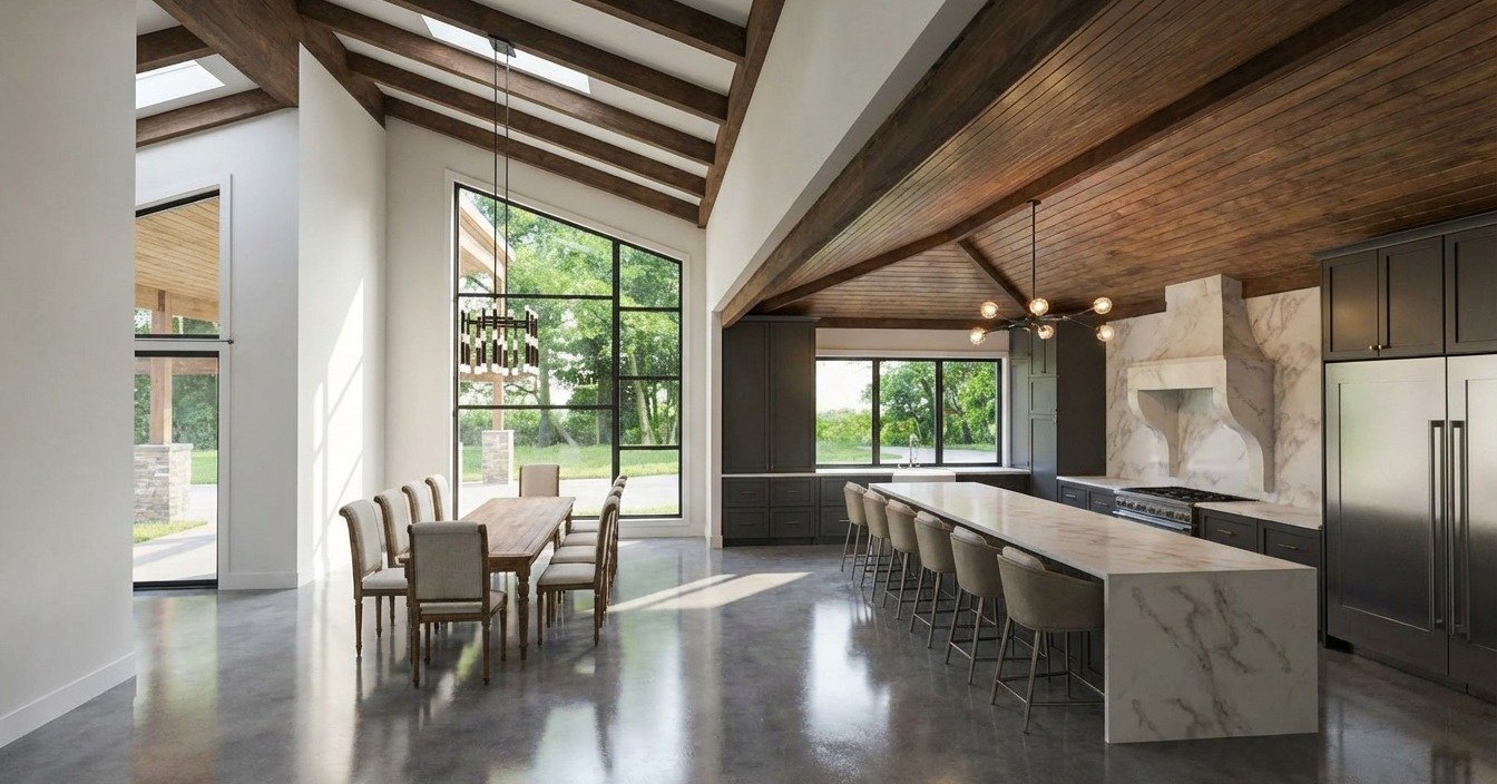 Mid-modern done right 🤎
This space brings together soaring ceilings, warm wood tones, and walls of natural light to create a home that feels just as inviting as it is stunning. From the oversized kitchen island to the cozy fireplace, every detail wa