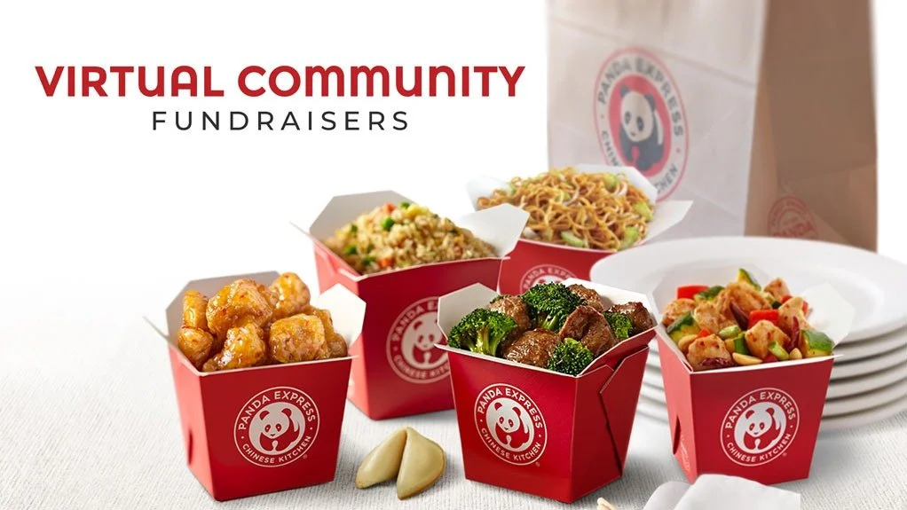Photo of Chinese takeout food in red Panda Express boxes with various dishes, along with a stack of white plates and a bag in the background.