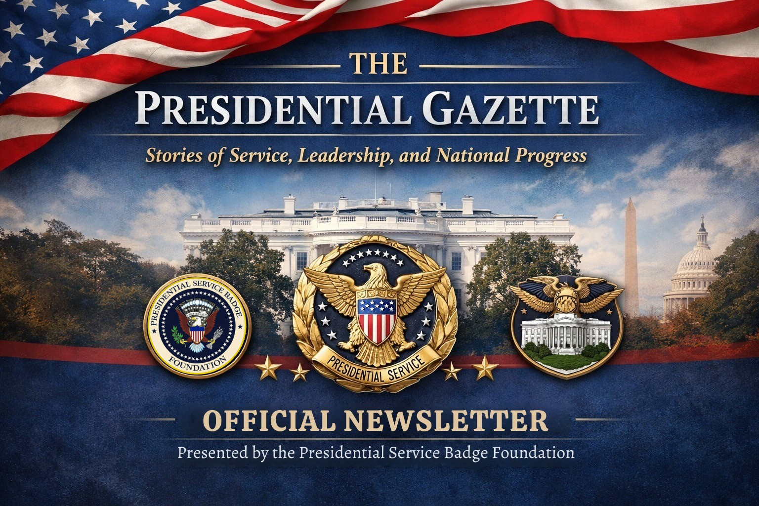 Cover of The Presidential Gazette newsletter, featuring an American flag, the White House, the Washington Monument, and the U.S. Capitol, with medals and emblems related to presidential service.