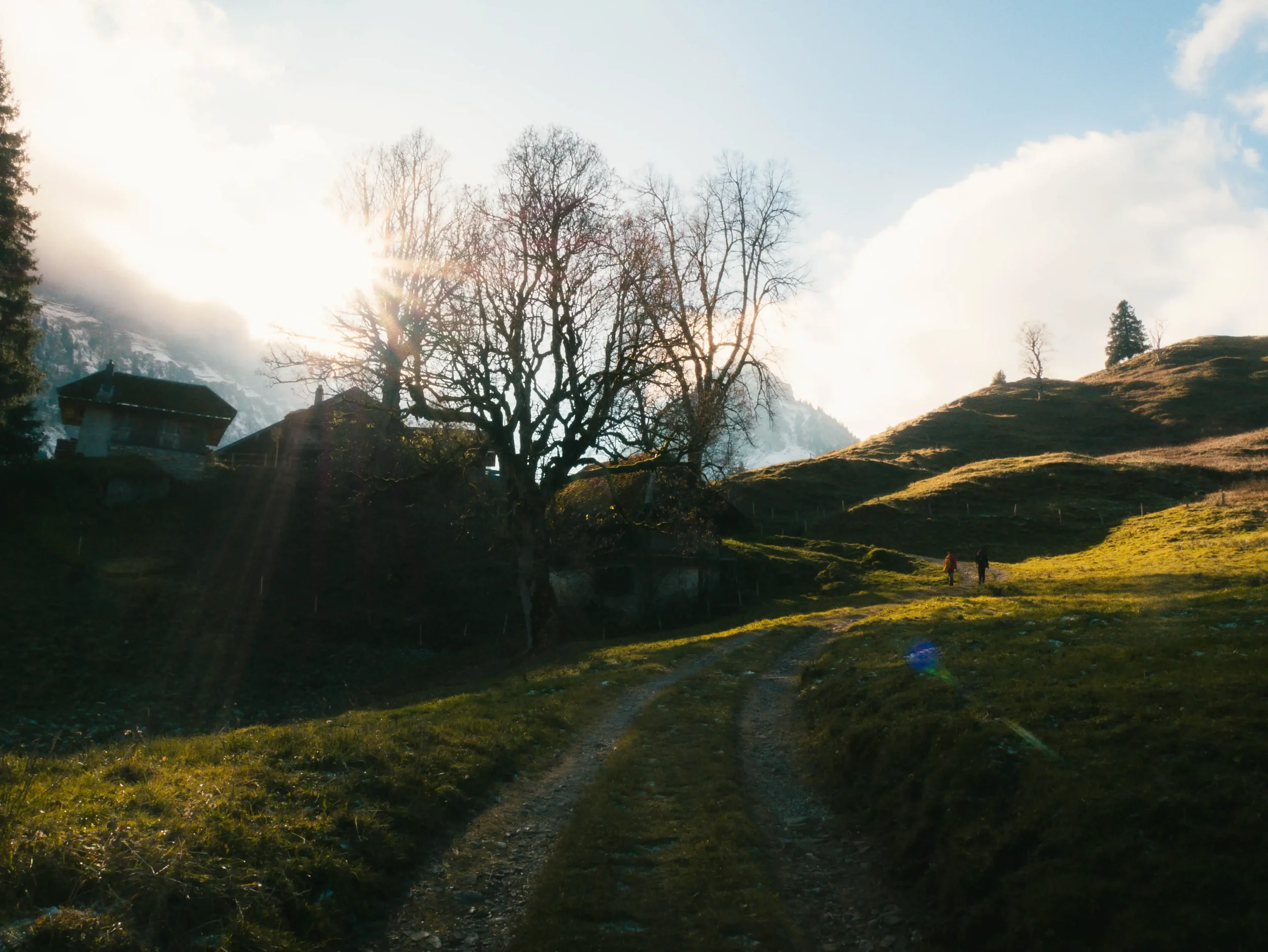 Landschaft im Gebirge mit Wiesen, Bäumen und einem Weg, zwei Wanderer, Häuser und schneebedeckte Berge im Hintergrund, sonniger Himmel mit Wolken.