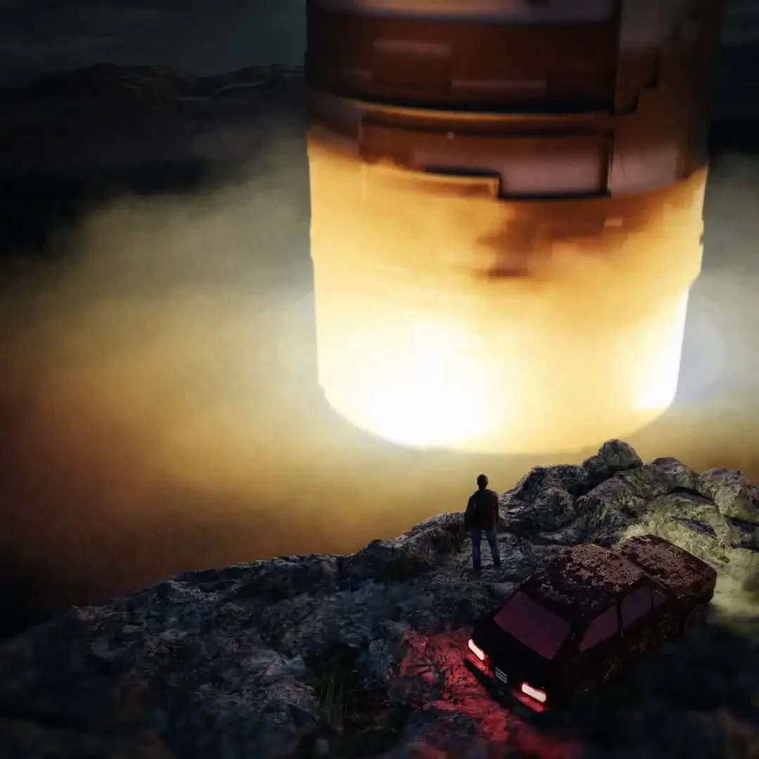 Eine heruntergekommene Straße bei Nacht mit einem alten Auto, einem Menschen und einer riesigen leuchtenden betonfarbenen Struktur im Hintergrund.