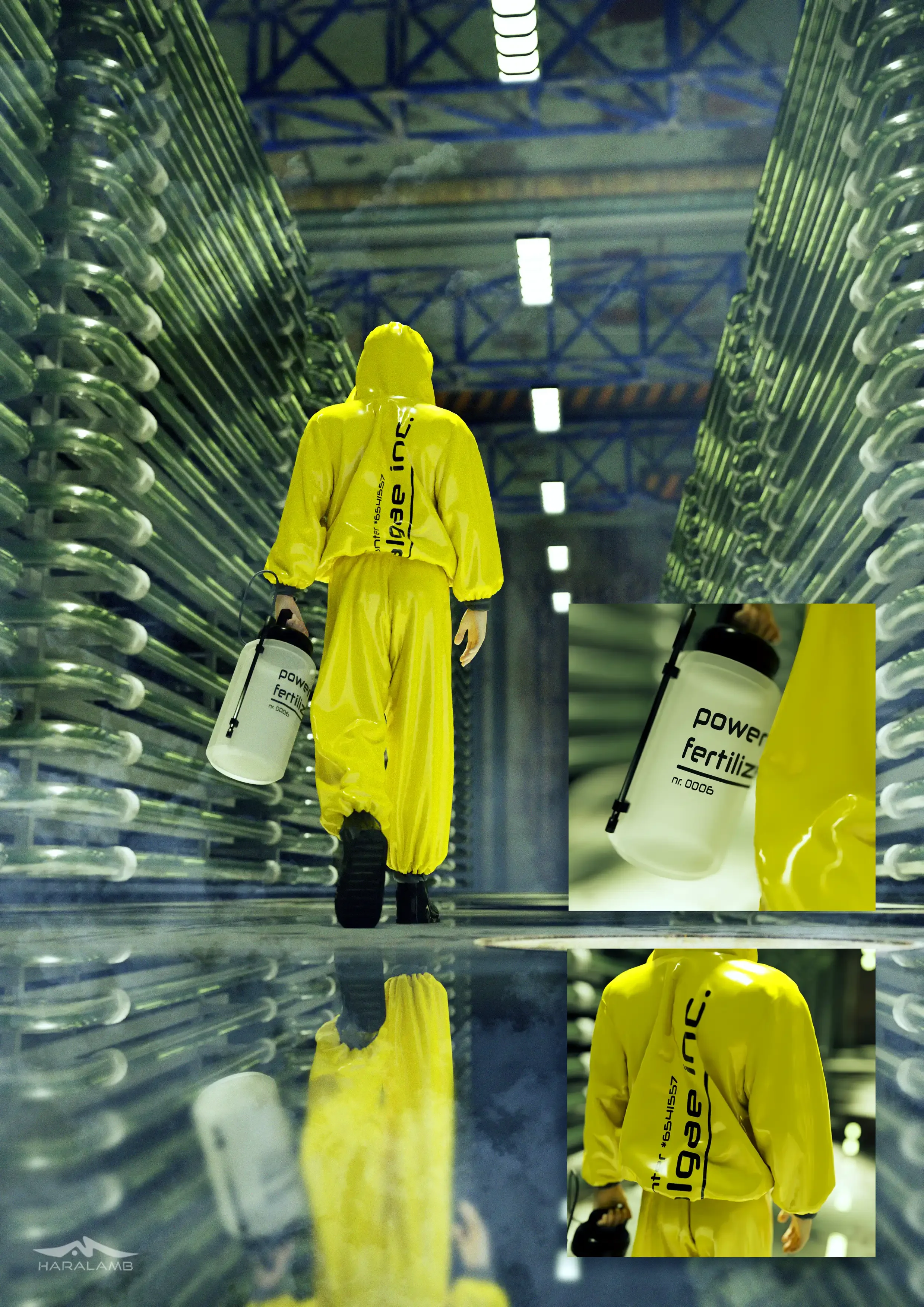 Eine Figur in einer gelben Schutzkleidung hält einen weißen Behälter mit der Aufschrift 'power fertilizer'.