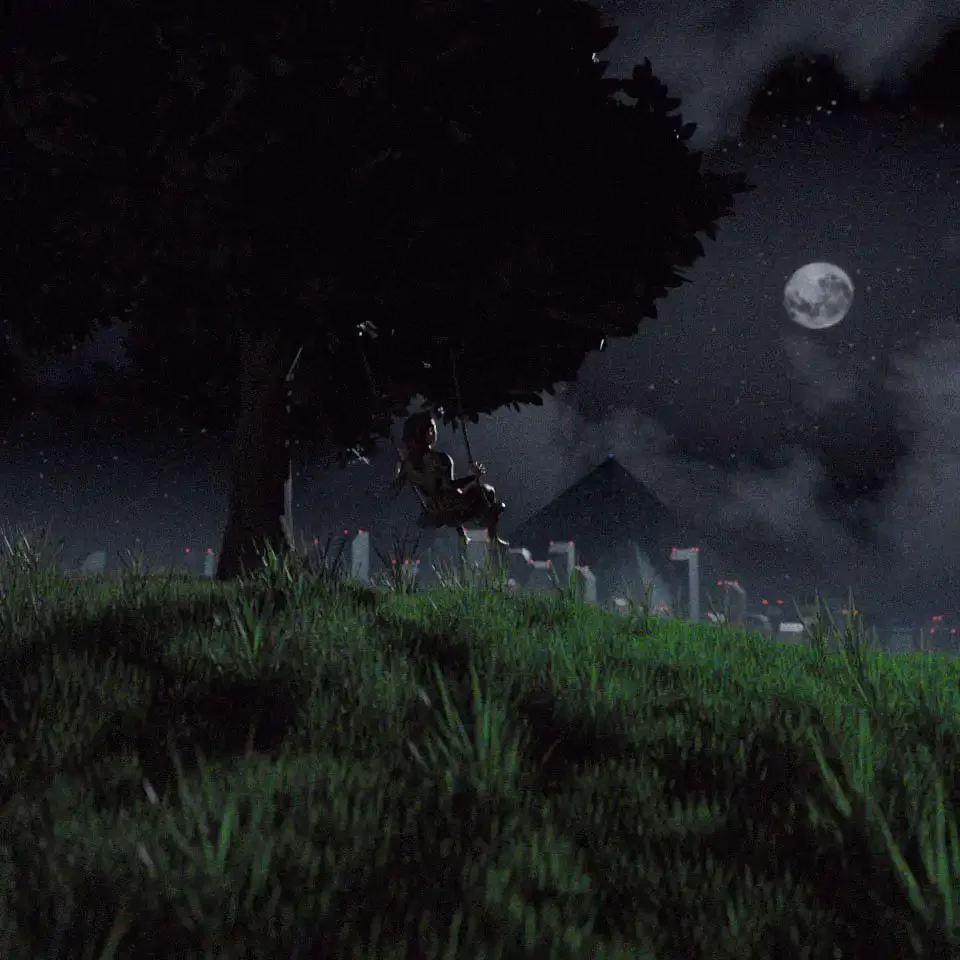 Eine Person schaukelt nachts unter einem Baum mit Blick auf den Vollmond, im Hintergrund sind Stadtlichter sichtbar.