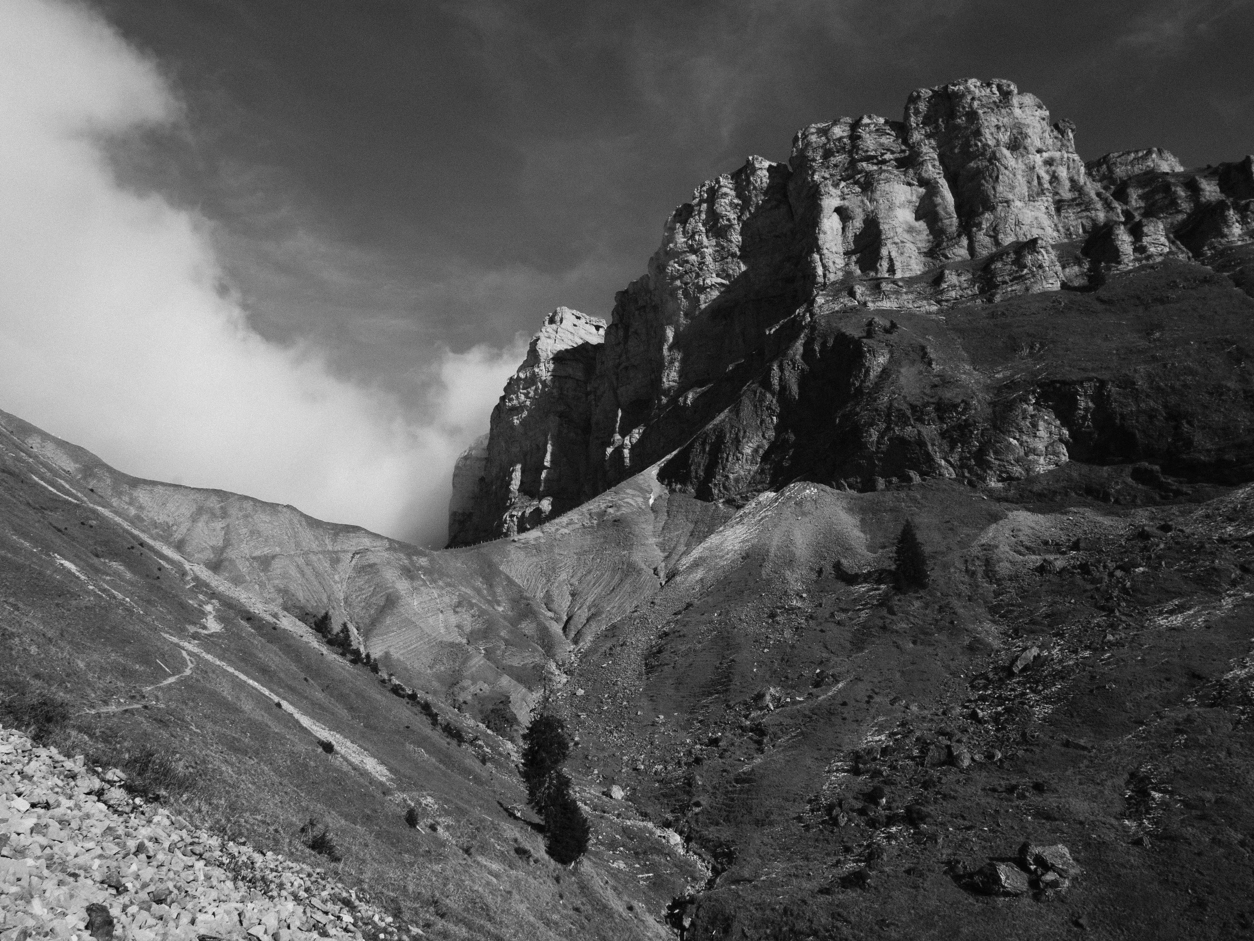 Schwarze und weiße Aufnahme eines bergigen Landschaftsbildes mit steilen Klippen und bewaldeten Hängen.