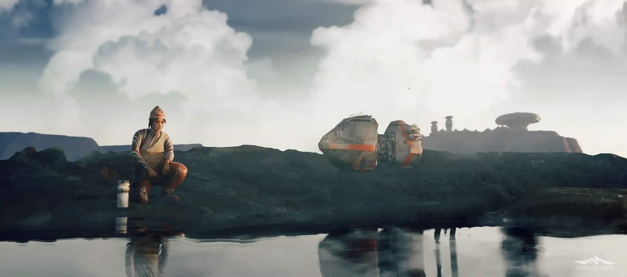 Ein Kind in traditioneller Kleidung sitzt an einem Wasserloch auf einem Planeten mit einer Raumstation im Hintergrund.