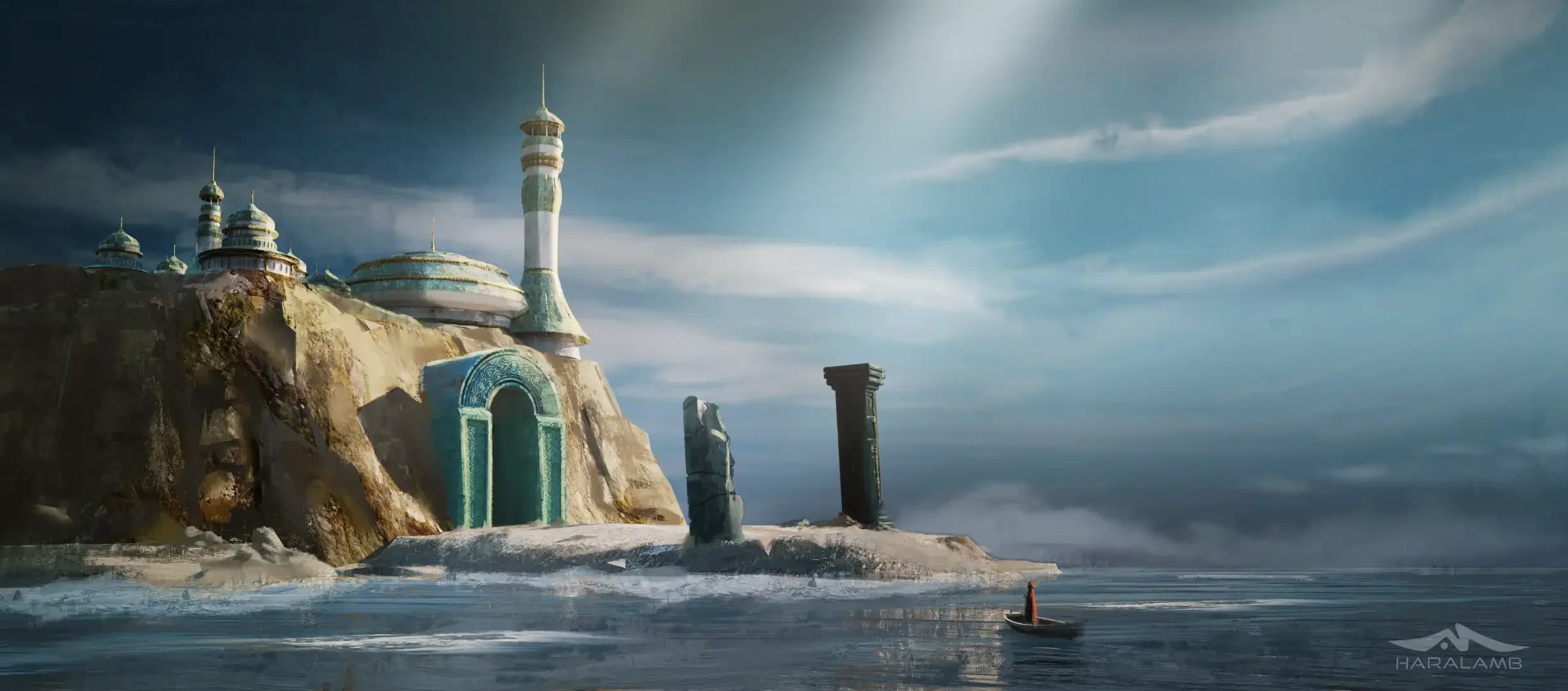 Fantasievolle Szene mit einer Klippe, einem antiken Tor und Ruinen, am Meer mit einer Person in einem kleinen Boot, bewölktem Himmel.