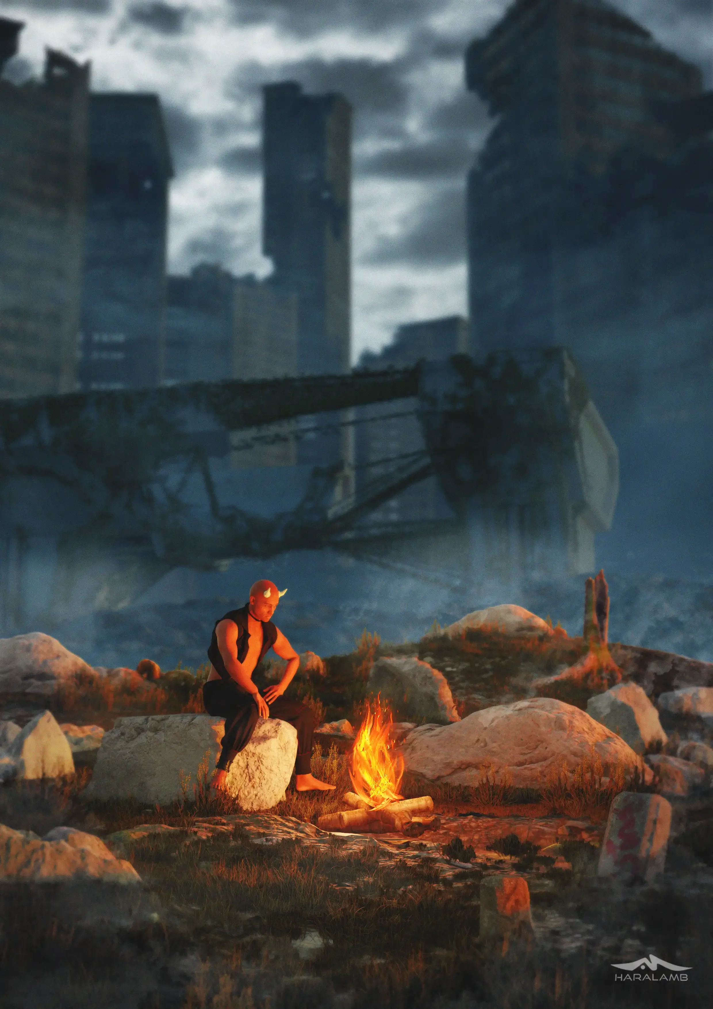 Eine Person sitzt neben einem Lagerfeuer auf zerklüftigem Gelände mit großen Steinen, im Hintergrund sind zerstörte Hochhäuser und eine große, abgestürzte Maschine, bei dunklem Himmel.