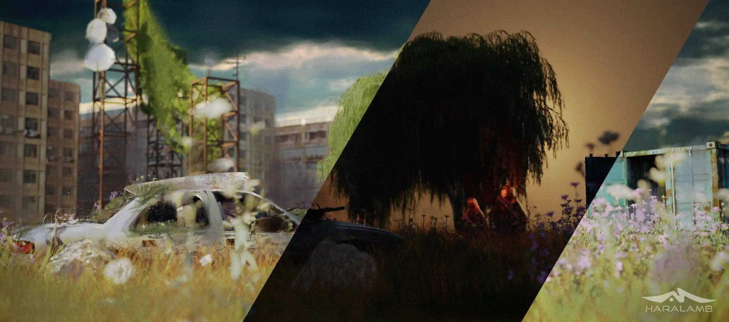 Eine Collage aus drei Szenen: Auf der linken Seite eine zerstörte Stadt mit einem eingestürzten Auto, auf der Mitte eine dunkle, wolkige Szene mit einer großen Baum Silhouette und zwei Menschen, und auf der rechten Seite eine blühende Wiesenlandschaf