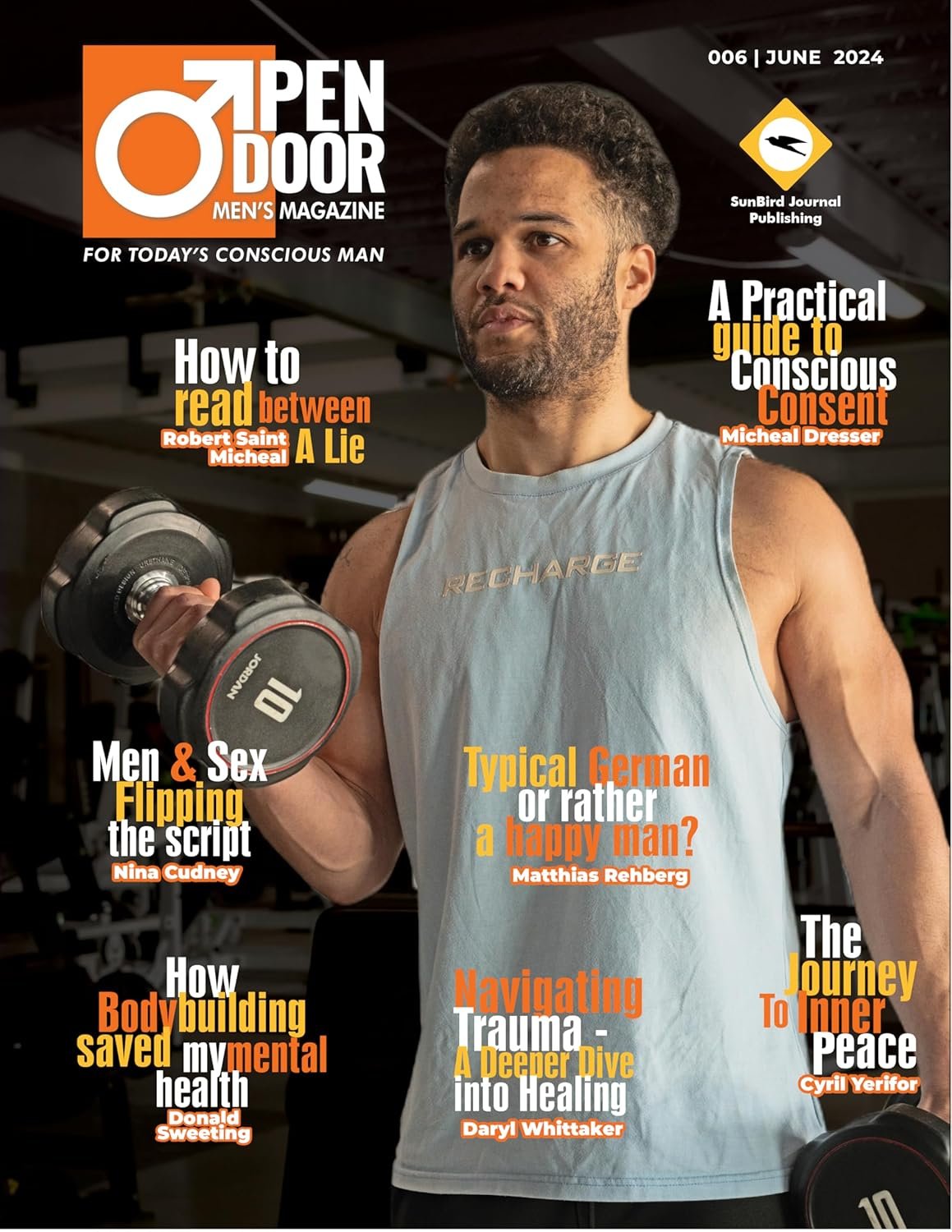 Cover of men's magazine titled 'Open Door' June 2024, featuring a man lifting a dumbbell in a gym, surrounded by headlines about conscious men, bodybuilding, trauma healing, and happiness.