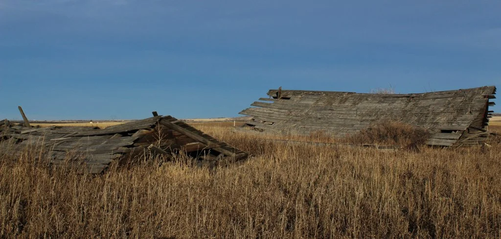 An abandoned, dilapidated wooden barn in a field of tall, dry grass.