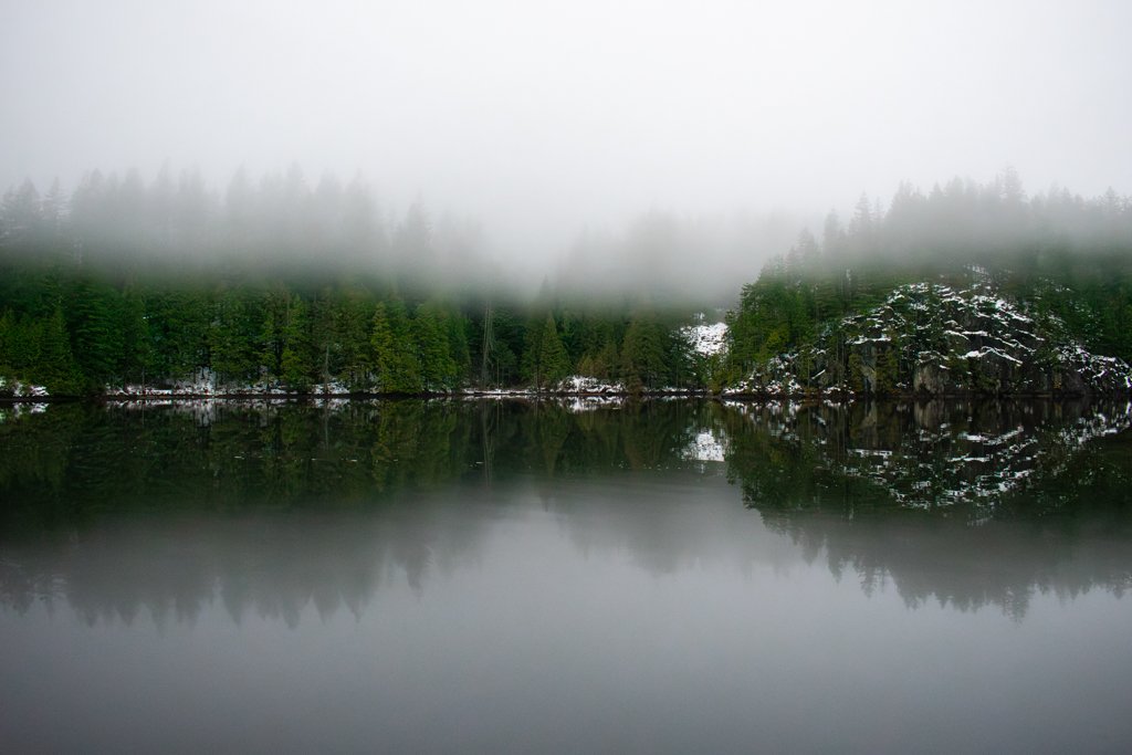 A foggy lakeside scene with a calm lake reflecting surrounding evergreen trees and snow-covered rocks, with mist hanging over the treetops.