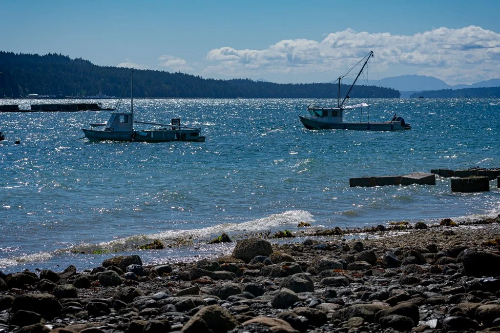 Two boats floating on a body of water near a rocky shoreline with a forested landmass in the background under a partly cloudy sky.
