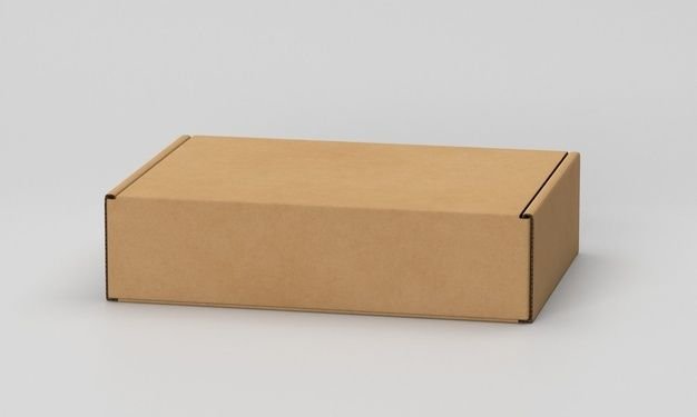 Plain cardboard box with folded edges on a light gray background.