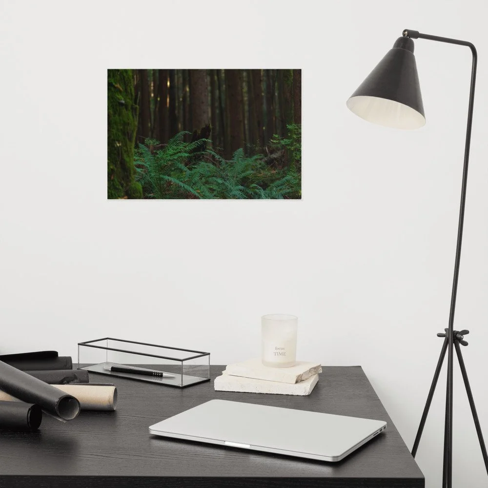 A modern workspace with a black desk, lamp, a closed laptop, a glass, and rolled-up posters, with a nature photograph of a forest on the plain white wall above.