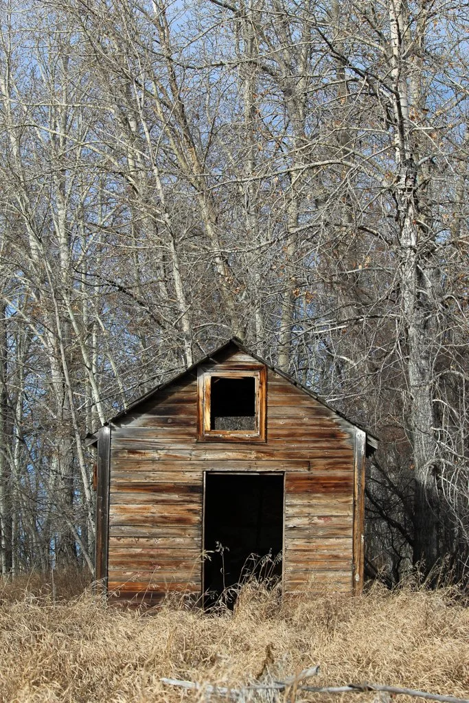 An old, weathered wooden barn with a square window near the roof and a large open doorway, surrounded by dry grass and leafless trees under a clear sky.