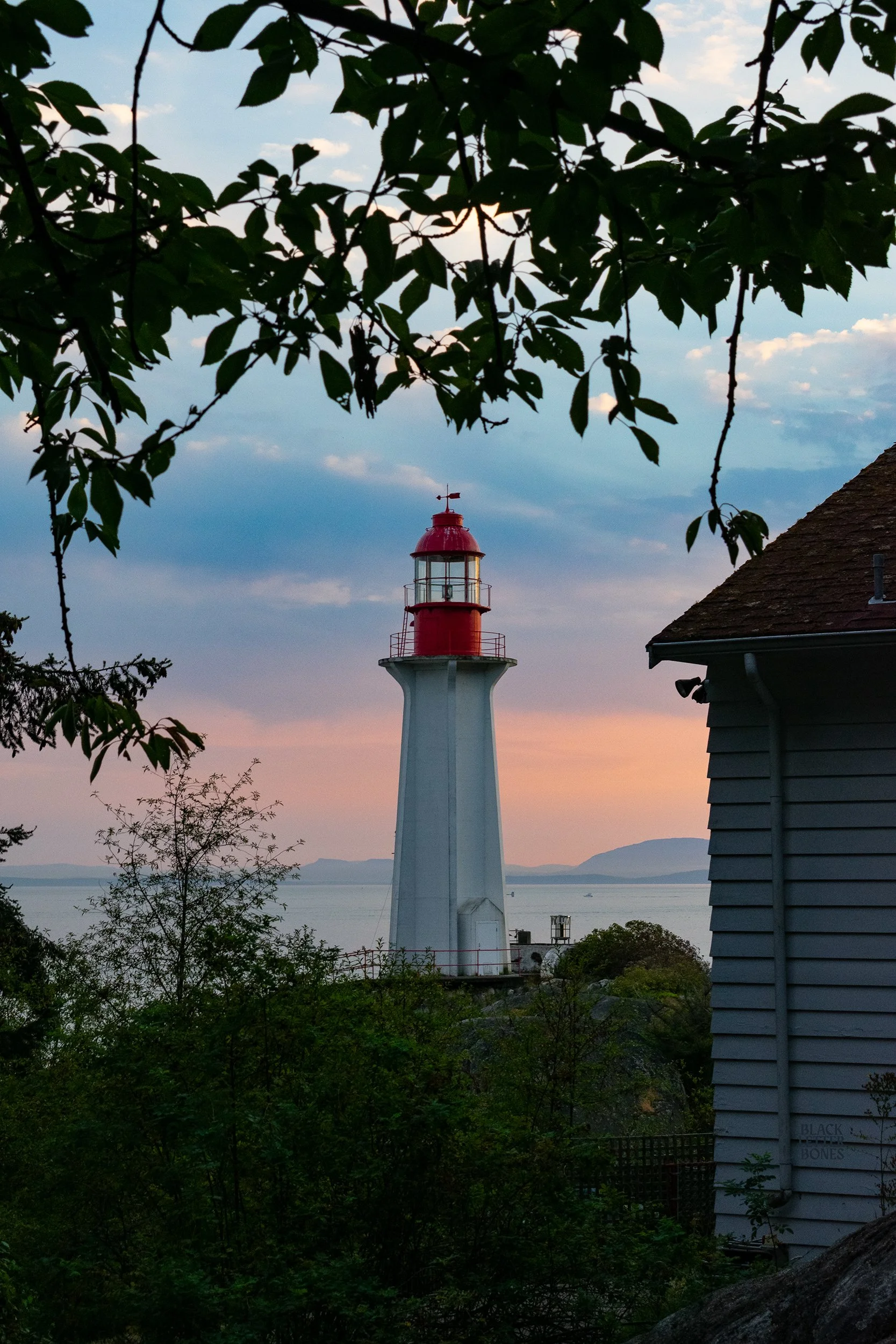 A lighthouse with a red top, seen through tree foliage at sunset, with a body of water and mountains in the background.