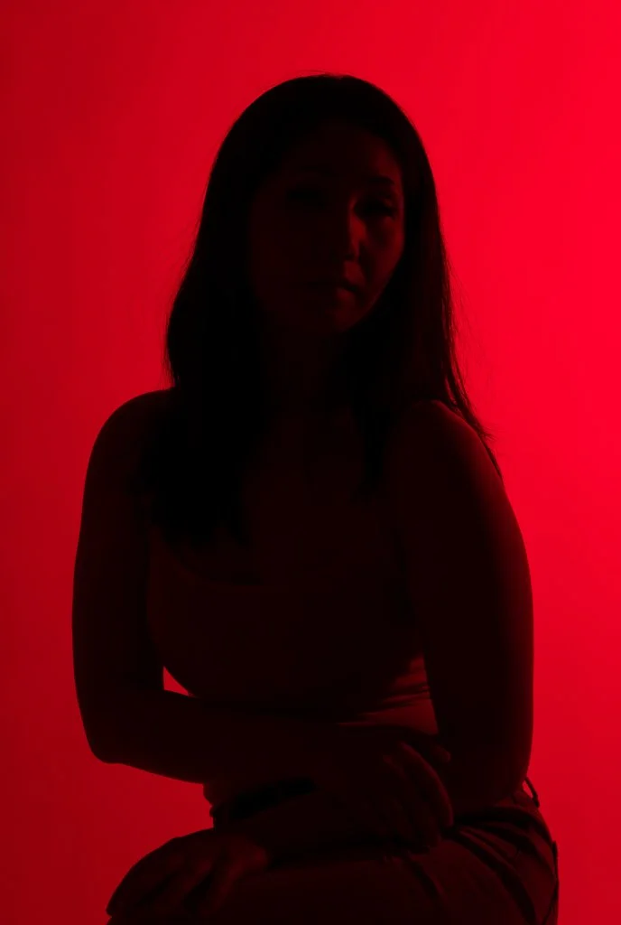 Silhouetted woman sitting with her arms crossed against a red background.