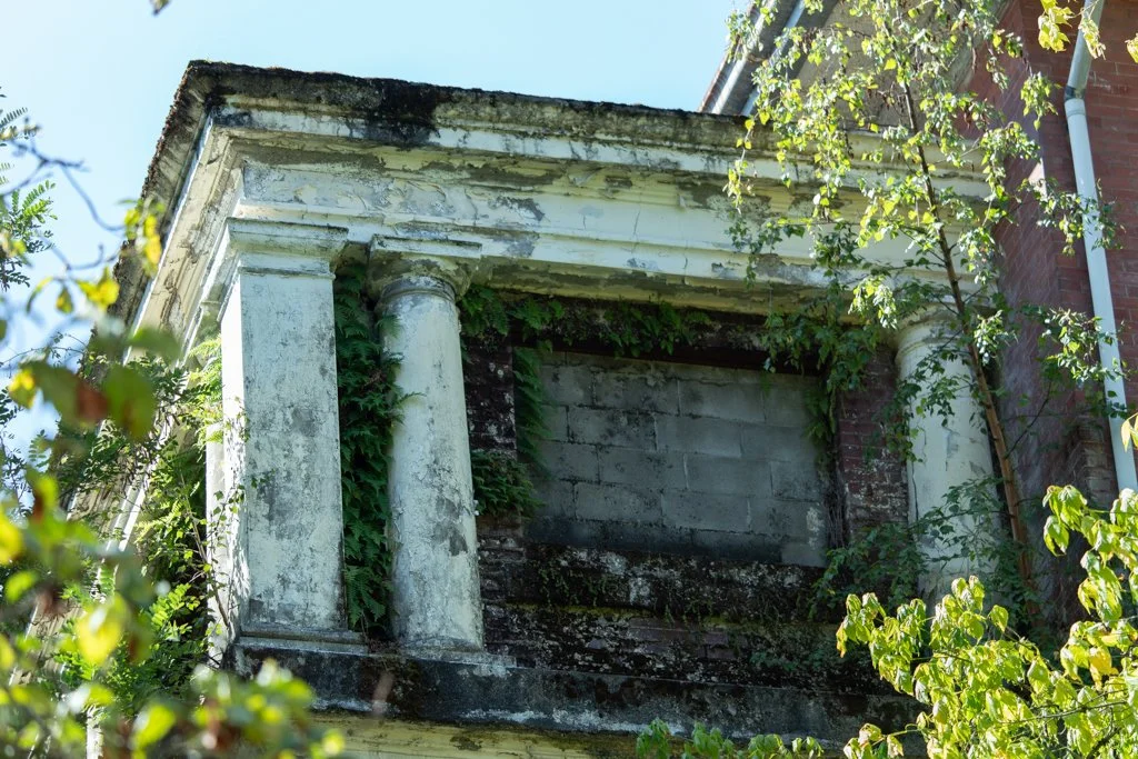 Close-up of an old, weathered porch with peeling white paint, supporting columns, surrounded by green foliage, part of an abandoned building.