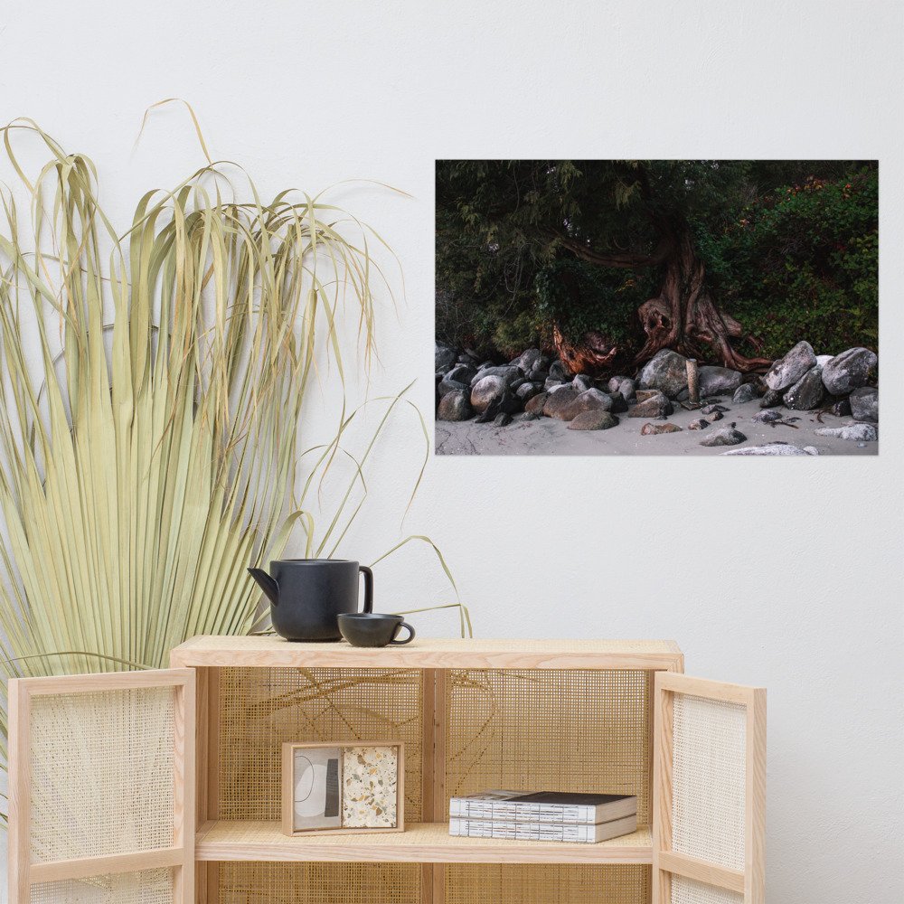 Interior room with a wooden cabinet, a black teapot and cup, a large dried plant, and a wall art print of a tree and rocks on the white wall.