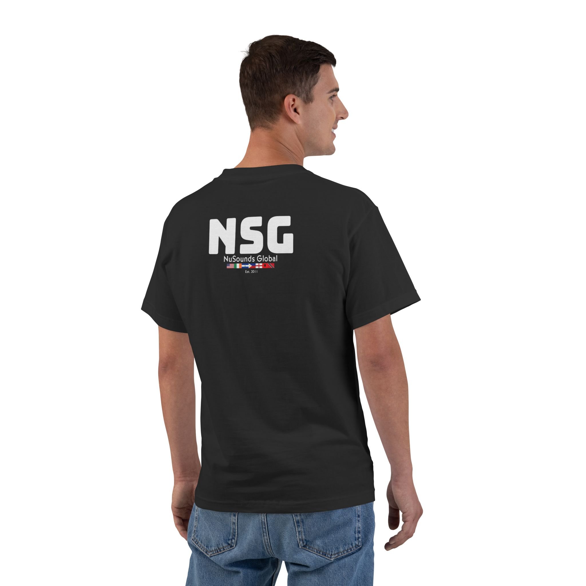 Back of a man wearing a black T-shirt with the text 'NSG NuSounds Global' and a small flag graphic, standing against a white background.