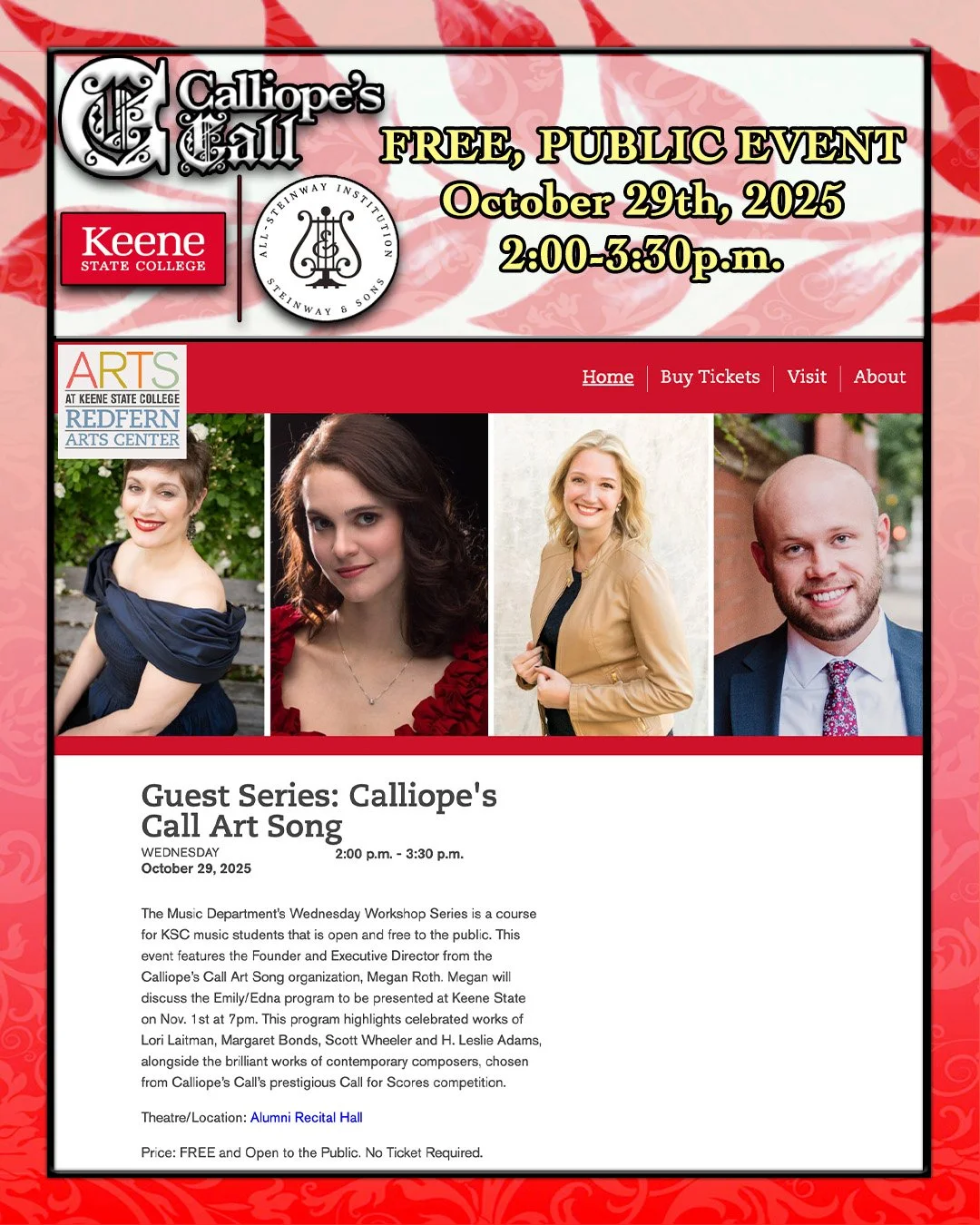 Exciting news for Keene State students and locals! 
We're partnering up with Keene's Redfern Arts Center for an in-depth masterclass on how we curate programs, with details from our Emily/Edna program, Call for Scores competition, and our constant c