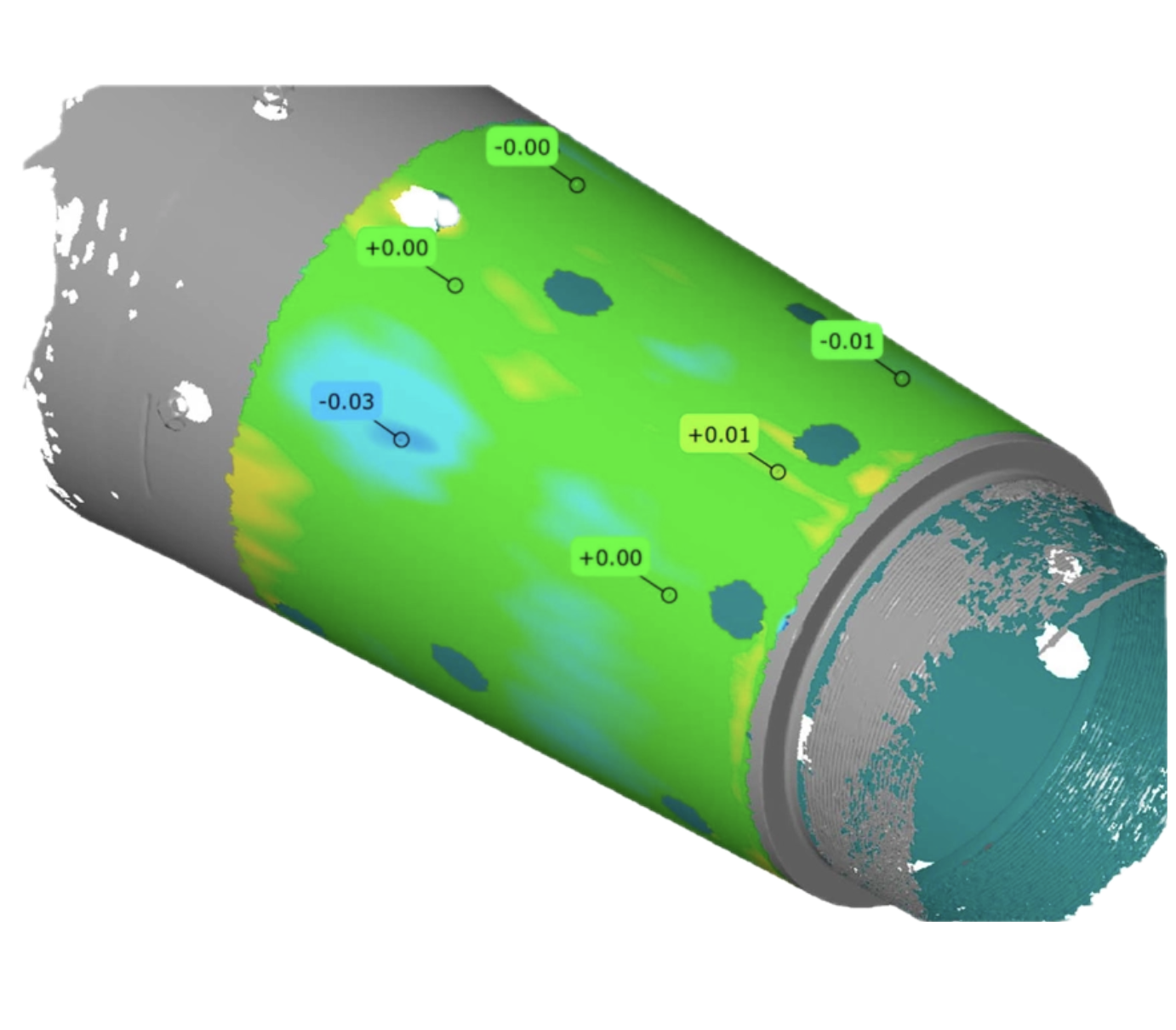 A cylindrical object with a colored surface displaying a surface stress analysis, including color-coded stress values and labels indicating positive and negative stress levels.