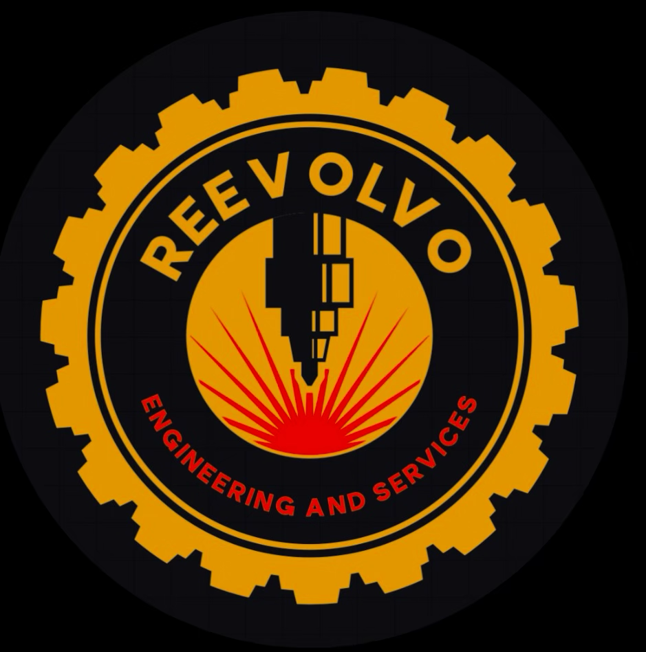 Logo for Reevovo Engineering and Services, featuring a gear, a syringe with a red burst underneath, and the company name, in black, orange, and red colors.