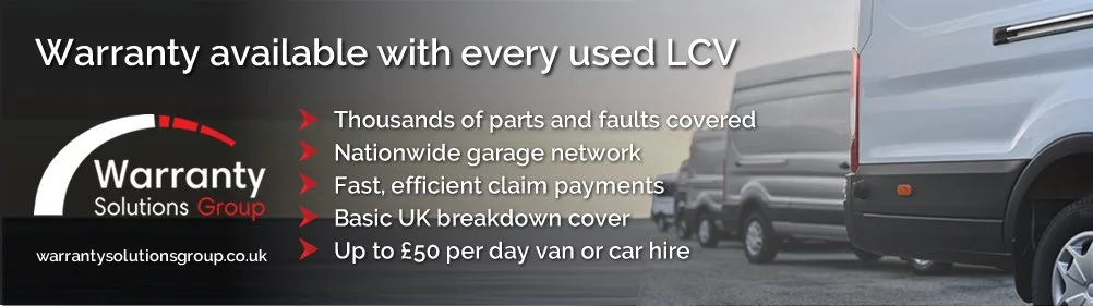 Advertisement for warranty solutions, featuring a line-up of vans and trucks and text listing benefits including parts and faults coverage, nationwide network, claim payments, UK breakdown cover, and van hire options.