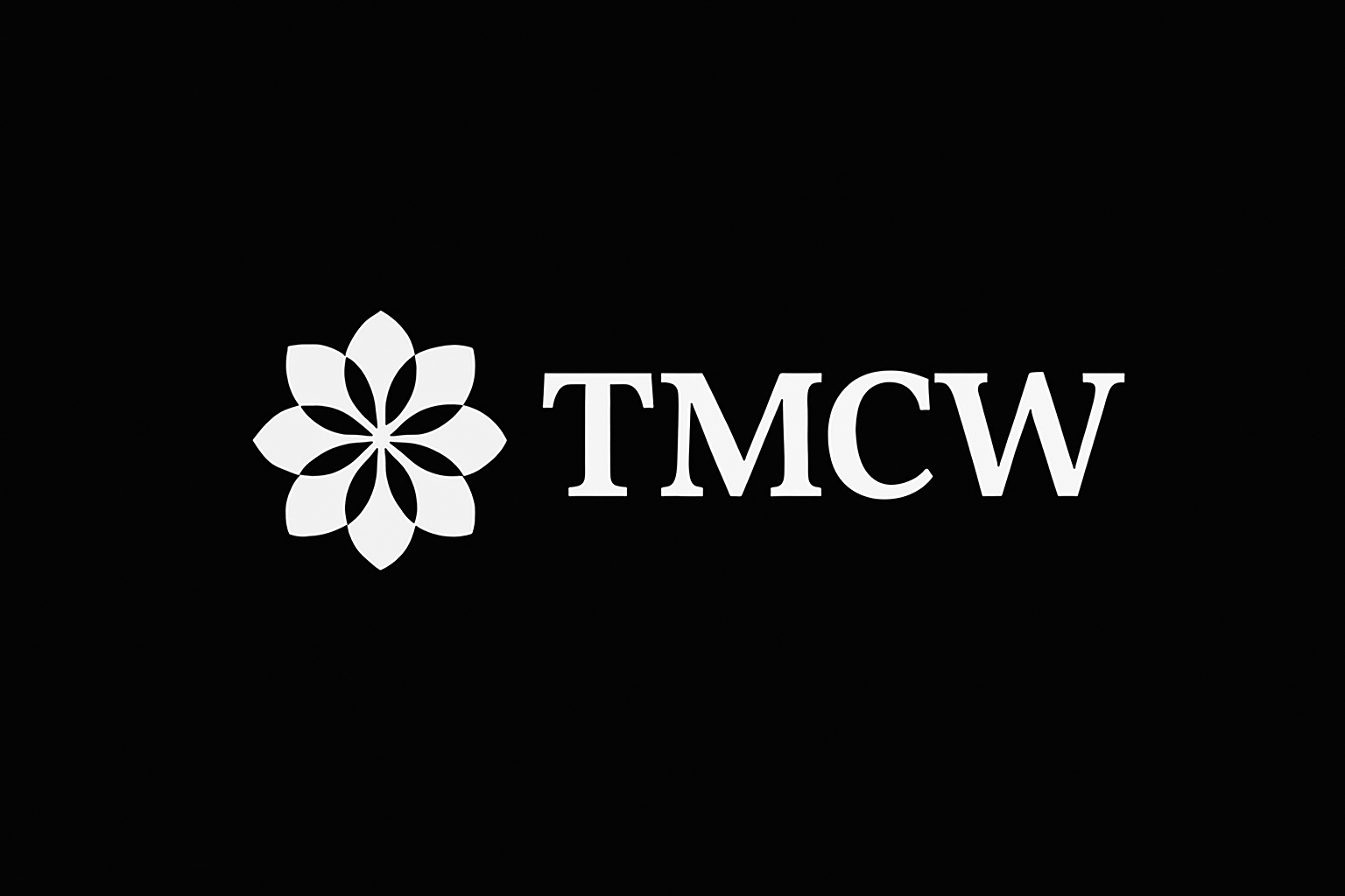 Black background with a white floral logo and the letters 'TMCW' next to it.