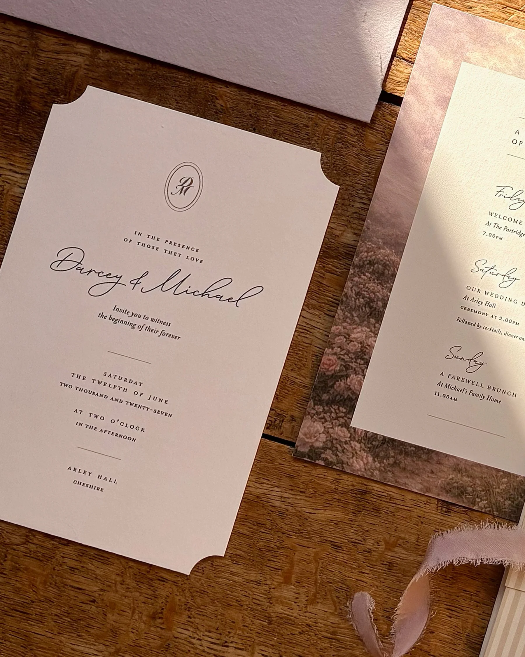 Elegant English country house wedding stationery designed by Honey Bee Mine for Arley Hall & Gardens.
