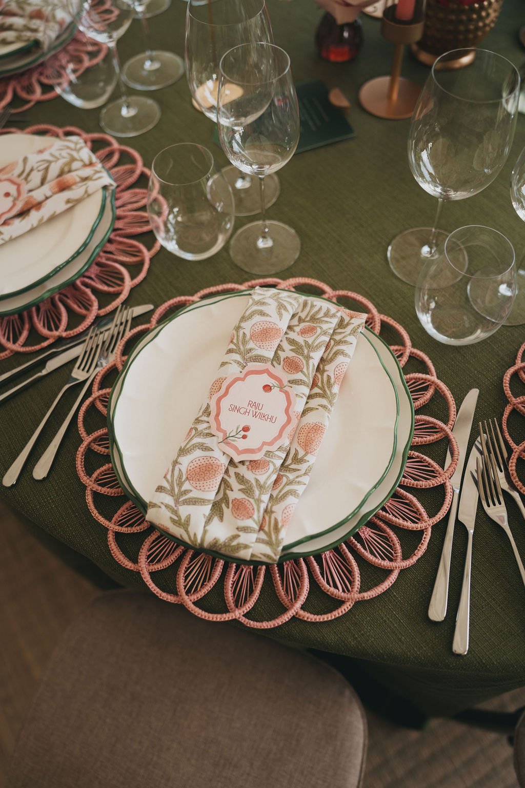 Wedding place setting with personalised menu and colourful stationery