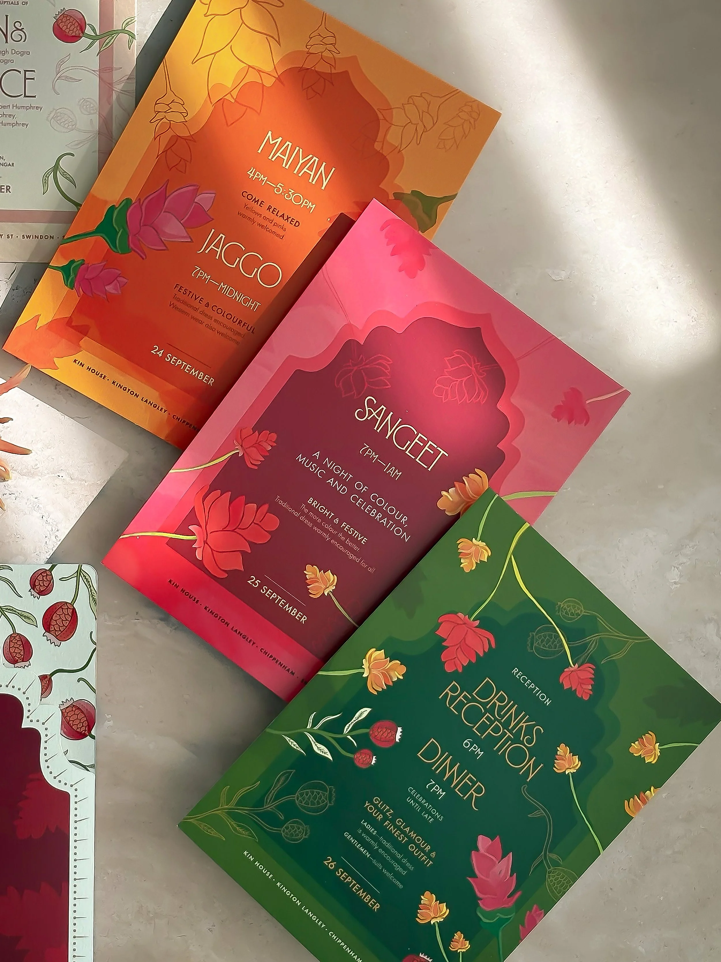 Colourful wedding invitation cards for Maiyan, Jaggo and Sangeet celebrations
